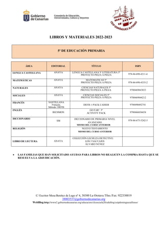 C/ Escritor Mesa Benítez de Lugo nº 4, 38300 La Orotava Tfno./Fax: 922330019
38003537@gobiernodecanarias.org
WebBlog:http://www2.gobiernodecanarias.org/educacion/clicescuela20/edublog/ceipdominguezalfonso/
LIBROS Y MATERIALES 2022-2023
5º DE EDUCACIÓN PRIMARIA
ÁREA EDITORIAL TÍTULO ISBN
LENGUA CASTELLANA ANAYA LENGUA CASTELLANA Y LITERATURA 5º
PROYECTO PIEZA A PIEZA 978-84-698-4311-6
MATEMÁTICAS ANAYA MATEMÁTICAS 5º
PROYECTO PIEZA A PIEZA 978-84-698-4335-2
NATURALES ANAYA CIENCIAS NATURALES 5º
PROYECTO PIEZA A PIEZA 9788469843833
SOCIALES ANAYA CIENCIAS SOCIALES 5º
PROYECTO PIEZA A PIEZA 9788469844212
FRANCÉS SANTILLANA
Français.
Método: DÉFIS
DEFIS 1 PACK CAHIER 9788490492741
INGLÉS
RICHMON
GO FAR! 5º
ACTIVITY PACK 9788466836654
DICCIONARIO
SM
DICCIONARIO DE PRIMARIA NIVEL
AVANZADO
MISMO DEL CURSO ANTERIOR
978-84-675-5242-3
RELIGIÓN NUEVO TESTAMENTO
MISMO DEL CURSO ANTERIOR
LIBRO DE LECTURA ANAYA
COLECCIÓN LECHUZA DETECTIVE:
LOS 5 SALVAJES
ÁLVARO NÚNEZ
 LAS FAMILIAS QUE HAN SOLICITADO AYUDAS PARA LIBROS NO REALICEN LA COMPRA HASTA QUE SE
RESUELVA LA ADJUDICACIÓN.
 