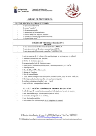 C/ Escritor Mesa Benítez de Lugo nº 4, 38300 La Orotava Tfno./Fax: 922330019
38003537@gobiernodecanarias.org
WebBlog:http://www2.gobiernodecanarias.org/educacion/clicescuela20/edublogs/ceipdominguezalfonso/
LISTADO DE MATERIALES:
ESTUCHE DE CREMALLERA QUE TENDRÁ:
- 4 lápices “staedler” nº 2
- 2 gomas “staedler”.
- 1 tijera punta redonda.
- 2 pegamentos de barra medianos.
- 1 afilador doble con depósito “staedler”.
- 1 lápiz bicolor azul-rojo punta fina “staedler”.
- 1 regla de 18 a 20 cm.
ESTUCHE DE TRES CREMALLERAS QUE
TENDRÁ:
- 1 caja de rotuladores de 12 colores de punta fina CARIOCA.
- 1 caja de creyones de 12 colores de punta fina ALPINO.
- 1 caja de ceras de 12 colores de punta fina PLASTIDECOR.
- 1 caja de acuarelas de 12 colores (sólo aquellos/as que no lo compraron en Infantil)
- 1 libreta de cuadros de 6 mm, apaisada.
- 2 libretas de dos rayas, apaisada.
- 2 carpetas tamaño folio de elástico o velcro.
- 1 sobre plástico transparente tamaño folio y 3 tamaño cuartilla (RELIGIÓN.
- 5 fundas plásticas
- 1 Bloc de dibujo DINA 4 de resorte.
- 1 Bloque de Plastilina.
- 1 Bloc de manualidades.
- 1 Juego didáctico adaptado a la edad (Puzle, construcciones, juego de mesa, cartas, etc.)
- 1 libreta pequeña, tamaño octavilla, para usarla como agenda.
- 2 rotuladores de pizarra Veleda, 1 rojo y 1 azul.
- 1 caja archivador para guardar el material.
MATERIAL HIGIÉNICO INDIVIDUAL PREVENCIÓN COVID-19:
- 1 rollo de papel de cocina tamaño grande (uso individual en el lavado de manos).
- 1 bote dosificador de gel hidroalcohólico (para su mesa).
- 1 mascarilla (de repuesto en su mochila).
- 1 bote dosificador de jabón.
- 1 auriculares: sólo aquellos/as que no lo compraron en Infantil.
 