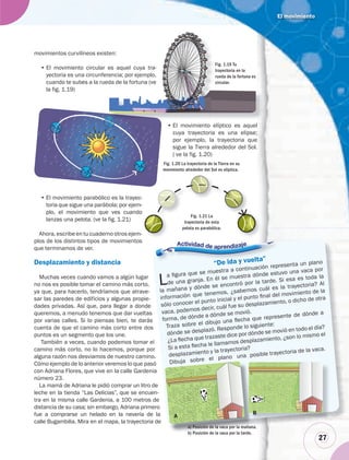 El movimiento
27
Desplazamiento y distancia
Muchas veces cuando vamos a algún lugar
no nos es posible tomar el camino más corto,
ya que, para hacerlo, tendríamos que atrave-
sar las paredes de edificios y algunas propie-
dades privadas. Así que, para llegar a donde
queremos, a menudo tenemos que dar vueltas
por varias calles. Si lo piensas bien, te darás
cuenta de que el camino más corto entre dos
puntos es un segmento que los une.
También a veces, cuando podemos tomar el
camino más corto, no lo hacemos, porque por
alguna razón nos desviamos de nuestro camino.
Cómo ejemplo de lo anterior veremos lo que pasó
con Adriana Flores, que vive en la calle Gardenia
número 23.
La mamá de Adriana le pidió comprar un litro de
leche en la tienda “Las Delicias”, que se encuen-
tra en la misma calle Gardenia, a 100 metros de
distancia de su casa; sin embargo, Adriana primero
fue a comprarse un helado en la nevería de la
calle Bugambilia. Mira en el mapa, la trayectoria de
• El movimiento parabólico es la trayec-
toria que sigue una parábola; por ejem-
plo, el movimiento que ves cuando
lanzas una pelota. (ve la fig. 1.21)
Ahora, escribe en tu cuaderno otros ejem-
plos de los distintos tipos de movimientos
que terminamos de ver.
movimientos curvilíneos existen:
• El movimiento circular es aquel cuya tra-
yectoria es una circunferencia; por ejemplo,
cuando te subes a la rueda de la fortuna (ve
la fig. 1.19)
• El movimiento elíptico es aquel
cuya trayectoria es una elipse;
por ejemplo, la trayectoria que
sigue la Tierra alrededor del Sol.
( ve la fig. 1.20)
272
l
r
o.
ó
a
de
en-
de
ero
la
de
“De ida y vuelta”
La ﬁgura que se muestra a continuación representa un plano
de una granja. En él se muestra dónde estuvo una vaca por
la mañana y dónde se encontró por la tarde. Si esa es toda la
información que tenemos, ¿sabemos cuál es la trayectoria? Al
sólo conocer el punto inicial y el punto ﬁnal del movimiento de la
vaca, podemos decir, cuál fue su desplazamiento, o dicho de otra
forma, de dónde a dónde se movió.
Traza sobre el dibujo una ﬂecha que represente de dónde a
dónde se desplazó. Responde lo siguiente:
¿La ﬂecha que trazaste dice por dónde se movió en todo el día?
Si a esta ﬂecha le llamamos desplazamiento, ¿son lo mismo el
desplazamiento y la trayectoria?
Dibuja sobre el plano una posible trayectoria de la vaca.
“De ida y vuelta”
a ﬁgura que se muestra a continuación repres
él se muestra dónde estuvo
Fig. 1.19 Tu
trayectoria en la
rueda de la fortuna es
circular.
Fig. 1.20 La trayectoria de la Tierra en su
movimiento alrededor del Sol es elíptica.
Fig. 1.21 La
trayectoria de esta
pelota es parabólica.
a) Posición de la vaca por la mañana.
b) Posición de la vaca por la tarde.
Dibuja so
a) Posición de la vaca por la mañana
b) Posición de la vaca por la tarde
aana
 