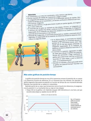 Bloque 1
36
Más sobre gráficas de posición-tiempo
La gráfica de posición-tiempo es muy útil si queremos conocer la posición de un cuerpo
y su distancia al punto de referencia, en un momento que nos interesa. Por ejemplo, la
gráfica siguiente demuestra la posición en función de tiempo de una muchacha llamada
Gabriela, que decidió dar un paseo en motocicleta.
Gabriela partió de su casa, que tomaremos como el punto de referencia y le asignare-
mos la posición 0. La muchacha hizo su viaje en tres etapas:
• Etapa A-B (ve la gráfica 1.2): Gabriela recorrió 100 kilómetros en una hora, así que
durante esta etapa su rapidez era de 100 .
Fig. 1.27 Cuando la
gráﬁca de posición
contra tiempo
no sea una recta
estamos hablando de
movimientos que no
son uniformes.
Gráﬁca 1.2 El viaje de Gabriela
0 1 2 3 4 5 6
200
150
100
50
0
tiempo (hr)
posición(km)
Casa
Materiales
• Un cronómetro o un reloj con cronómetro, cinta métrica y gis blanco.
• Formen equipos de trabajo de 3 personas y salgan al patio.
• Un integrante del equipo va a caminar con 3 diferentes valores de rapidez. Otro
medirá el tiempo con el cronómetro, y el tercero verificará la distancia que reco-
rrió el primer integrante.
• Usen la cinta métrica y un gis para dividir el patio en partes iguales, de longitud
de 1 metro cada una.
• El recorrido por el patio se realizará en tres etapas. Primero, un integrante va
a caminar con rapidez muy lenta y uniforme durante 5 segundos. El integrante
responsable de la medición de distancias anotará en su cuaderno la distancia
recorrida por el caminante en ese tiempo.
• Después de 5 segundos, el caminante aumentará su rapidez y caminará otros 5
segundos. El responsable de la medición de distancia anotará la distancia reco-
rrida en la segunda etapa.
• En la última etapa, el caminante se moverá
durante 5 segundos en el sentido opuesto al
sentido de su movimiento previo, pero más
rápido que en las dos etapas anteriores. El
integrante responsable de la medición de
distancia anotará la distancia recorrida en la
última etapa.
• Al terminar la medición regresarán al salón
de clase para dibujar la gráfica de posición-
tiempo del caminante. Luego, analizarán la
gráfica para determinar cuál fue la distancia
recorrida en cada etapa y cuál la distancia
total. ¿Y el desplazamiento?
• Discutan en equipos: ¿Para qué puede servir
la gráfica de posición-tiempo? Escriban sus
conclusiones.
Má b áfi d i ió t
•
 