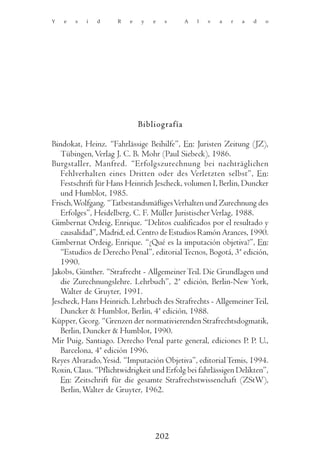 Y   e   s   i   d    R   e   y   e   s      A   l   v   a   r   a   d   o




                             Bibliografía

Bindokat, Heinz. “Fahrlässige Beihilfe”, En: Juristen Zeitung (JZ),
   Tübingen, Verlag J. C. B. Mohr (Paul Siebeck), 1986.
Burgstaller, Manfred. “Erfolgszurechnung bei nachträglichen
   Fehlverhalten eines Dritten oder des Verletzten selbst”, En:
   Festschrift für Hans Heinrich Jescheck, volumen I, Berlin, Duncker
   und Humblot, 1985.
Frisch, Wolfgang. “Tatbestandsmäßiges Verhalten und Zurechnung des
   Erfolges”, Heidelberg, C. F. Müller Juristischer Verlag, 1988.
Gimbernat Ordeig, Enrique. “Delitos cualificados por el resultado y
   causalidad”, Madrid, ed. Centro de Estudios Ramón Arances, 1990.
Gimbernat Ordeig, Enrique. “¿Qué es la imputación objetiva?”, En:
   “Estudios de Derecho Penal”, editorial Tecnos, Bogotá, 3ª edición,
   1990.
Jakobs, Günther. “Strafrecht - Allgemeiner Teil. Die Grundlagen und
   die Zurechnungslehre. Lehrbuch”, 2ª edición, Berlin-New York,
   Walter de Gruyter, 1991.
Jescheck, Hans Heinrich. Lehrbuch des Strafrechts - Allgemeiner Teil,
   Duncker & Humblot, Berlin, 4ª edición, 1988.
Küpper, Georg. “Grenzen der normativierenden Strafrechtsdogmatik,
   Berlin, Duncker & Humblot, 1990.
Mir Puig, Santiago. Derecho Penal parte general, ediciones P. P. U.,
   Barcelona, 4ª edición 1996.
Reyes Alvarado, Yesid. “Imputación Objetiva”, editorial Temis, 1994.
Roxin, Claus. “Pflichtwidrigkeit und Erfolg bei fahrlässigen Delikten”,
   En: Zeitschrift für die gesamte Strafrechstwissenchaft (ZStW),
   Berlin, Walter de Gruyter, 1962.




                                 202
 