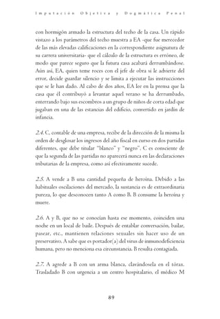 I m p u t a c i ó n   O b j e t i v a    y   D o g m á t i c a   P e n a l




con hormigón armado la estructura del techo de la casa. Un rápido
vistazo a los parámetros del techo muestra a EA -que fue merecedor
de las más elevadas calificaciones en la correspondiente asignatura de
su carrera universitaria- que el cálculo de la estructura es erróneo, de
modo que parece seguro que la futura casa acabará derrumbándose.
Aún así, EA, quien teme roces con el jefe de obra si le advierte del
error, decide guardar silencio y se limita a ejecutar las instrucciones
que se le han dado. Al cabo de dos años, EA lee en la prensa que la
casa que él contribuyó a levantar aquel verano se ha derrumbado,
enterrando bajo sus escombros a un grupo de niños de corta edad que
jugaban en una de las estancias del edificio, convertido en jardín de
infancia.

2.4. C, contable de una empresa, recibe de la dirección de la misma la
orden de desglosar los ingresos del año fiscal en curso en dos partidas
diferentes, que debe titular “blanco” y “negro”. C es consciente de
que la segunda de las partidas no aparecerá nunca en las declaraciones
tributarias de la empresa, como así efectivamente sucede.

2.5. A vende a B una cantidad pequeña de heroína. Debido a las
habituales oscilaciones del mercado, la sustancia es de extraordinaria
pureza, lo que desconocen tanto A como B. B consume la heroína y
muere.

2.6. A y B, que no se conocían hasta ese momento, coinciden una
noche en un local de baile. Después de entablar conversación, bailar,
pasear, etc., mantienen relaciones sexuales sin hacer uso de un
preservativo. A sabe que es portador(a) del virus de inmunodeficiencia
humana, pero no menciona esa circunstancia. B resulta contagiada.

2.7. A agrede a B con un arma blanca, clavándosela en el tórax.
Trasladado B con urgencia a un centro hospitalario, el médico M



                                    89
 