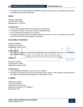 (4) 4484340 (5) 6670523 La línea de los ACEROS FERROCORTES S.A.S
GUÍA Y TABLAS TÉCNICA DE LOS ACEROS
www.ferrocortes.com.co
103
 Se emplea como: cromado brillante: para objetos decorativos, cromado duro: para la fabricación de aceros
inoxidables y aceros para herramientas.
NIQUEL:
Densidad: 8,85 kg/dm³.
Punto de fusión: 1450°C.
Resistividad: 0,11 W·mm²/m.
Características:
 Tiene un color plateado brillante y se puede pulir muy fácilmente.
 Es magnético (lo atrae un imán como si fuese un producto ferroso).
 Es muy resistente a la oxidación y a la corrosión.
 Se emplea para fabricar aceros inoxidables (aleado con el acero y el cromo), en aparatos de la industria
química, en recubrimientos de metales (por electrólisis).
WOLFRAMIO O TUNGSTENO:
Densidad: 19 kg/dm³.
Punto de fusión: 3370°C.
Resistividad: 0.056·W·mm²/m
Características:
 Se emplea en filamentos de bombillas incandescentes, por su elevado punto de fusión, en herramientas
de corte para máquinas.
COBALTO:
Densidad: 8,6 kg/dm³.
Punto de fusión: 1490°C.
Resistividad: 0,063 W·mm²/m.
Características:
 Tiene propiedades análogas al níquel, pero no es magnético.
 Se utiliza para endurecer aceros para herramientas (aceros rápidos), como elemento para la fabricación
de metales duros (sinterización) empleados en herramientas de corte.
ALUMINIO:
Densidad: 2,7 kg/dm³
Punto de fusión: 660 °C.
Resistividad: 0,026 W·mm²/m.
Resistencia a la tracción: 10 - 20Kg/mm²
Alargamiento: 50%
 