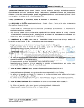 (4) 4484340 (5) 6670523 La línea de los ACEROS FERROCORTES S.A.S
GUÍA Y TABLAS TÉCNICA DE LOS ACEROS
www.ferrocortes.com.co
106
Aplicaciones Generales: Equipo minero, calderas, válvulas, accesorios para agua, montaje de chimeneas,
componentes de alto horno, disipadores térmico – electrónicos, ambientes corrosivos, alta conductividad,
cojinetes y engranajes, carga de trabajo pesado, aplicaciones criogénicas, herramientas antichispas, hélices
marinas, placas de deslizamiento, materiales de sacrificio.
Existen varias familias de los bronces, dentro de los cuales se encuentran:
4.1.1 BRONCES DE CAÑÓN: aleaciones de Cobre – Estaño – Cinc – Plomo, donde todos los elementos
aleantes tienen igual porcentaje.
 Tienen una buena combinación de maquinabilidad y resistencia. Su resistencia a la mayoría de las
formas de corrosión es excelente.
 Son utilizados para la fabricación de piezas herméticas como válvulas, racores de tubería y bombas.
También se usan frecuentemente para cojinetes dónde las cargas y las velocidades son moderadas. Otro
uso es como apoyo para los cojinetes de metal blanco
4.1.2 BRONCES AL ESTAÑO: aleaciones de Cobre-Estaño dónde el Estaño es el mayor aleante con
contenidos de estaño entre 10-12% y limite de impurezas bastantes bajos.
 Sus principales usos se relacionan con la resistencia a la corrosión y al desgaste.
 Son convenientes para el manejo de aguas ácidas, aguas de alimentación de calderas, aguas
contaminadas de río y aquellas contaminadas con arena.
4.1.3 BRONCES PLOMADOS: aleaciones de Cobre – Estaño - Plomo. El plomo es parte sustancial de la
aleación.
 Se usan casi exclusivamente para cojinetes, generalmente para casos dónde la carga es más moderada
que las que sugieren los bronces al estaño.
 El mayor contenido de plomo depende de la tolerancia en la lubricación.
 Las aleaciones de alto plomo tienen la capacidad de absorber partículas abrasivas que puedan haber
contaminado el lubricante y admiten la presencia de agua
4.1.4 BRONCES AL ALUMINIO: estos bronces contienen Aluminio en un rango 9 - 12%
 Sus propiedades mecánicas son normalmente mejores que las de los bronces al estaño
 Se aplican en engranajes, tornillos sin fin, impulsores de bombas, cojinetes, bujes, rodillos de laminación,
asientos de válvulas y herrajes antichispa.
 En general se usa para equipos marinos por su alta resistencia al desgaste por causa de aguas salinas.
4.1.5 BRONCES AL MANGANESO: son aleaciones de cobre con manganeso desde 0.5 a 4.5%
 Se utiliza en engranajes, bujes, levas tuercas y cojinetes de trabajo extra pesado.
 Al igual que el bronce al aluminio se utiliza en piezas marinas.
 