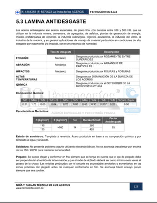 (4) 4484340 (5) 6670523 La línea de los ACEROS FERROCORTES S.A.S
GUÍA Y TABLAS TÉCNICA DE LOS ACEROS
www.ferrocortes.com.co
125
5.3 LAMINA ANTIDESGASTE
Los aceros antidesgaste son aceros especiales, de grano fino, con durezas entre 320 y 500 HB, que se
utilizan en la industria minera, cementera, de agregados, de asfaltos, plantas de generación de energía,
moldes prefabricados de concreto, la industria siderúrgica, ingenios azucareros, la industria del vidrio, la
industria de la madera, y en general aplicaciones de manejo de material particulado en condiciones de alto
desgaste por rozamiento y/o impacto, con o sin presencia de humedad.
Tipo de desgaste Descripción
FRICCIÓN Mecánico
Desgaste producido por ROZAMIENTO ENTRE
SUPERFICIES
ABRASIÓN Mecánico
Desgaste producido por ARRANQUE DE
PARTICULAS
IMPACTOS Mecánico Desgaste producido por FISURAS y ROTURAS
ALTAS
TEMPERATURAS
Desgaste por DISMINUCIÓN DE LA DUREZA DE
LOS ACEROS
QUÍMICA
Desgaste producido por el DETERIORO DE LA
MICROESTRUCTURA
Composición Química:
%C %Mn %Si %P + S %Cu %Cr %Mo %Ni %B %Ti %Carb. Equiv.
0.21 1.70 0.60 0.04 0.20 0.80 0.40 0.30 0.007 0.20 0.50
Características Mecánicas:
R (kg/mm²) E (kg/mm²) %A Dureza Brinell
Factor
Antidesgaste
110
>100 14
360
75
135 420
Estado de suministro: Templada y revenida. Acero producido en base a su composición química y por
templado al agua y revenido.
Soldadura: No presenta problema alguno utilizando electrodo básico. No se aconseja precalentar por encima
de los 150 / 200ºC para mantener su tenacidad.
Plegado: Se puede plegar y conformar en frio siempre que se tenga en cuenta que el eje de plegado debe
ser perpendicular al sentido de la laminación y que el radio de doblado deberá ser como mínimo seis veces el
grueso de la chapa. Las entallas producidas por el oxicorte es aconsejable amolarlas o esmerilarlas en las
zonas próximas del plegado antes de cualquier conformado en frío. Se aconseja hacer ensayo previo
siempre que sea posible.
 