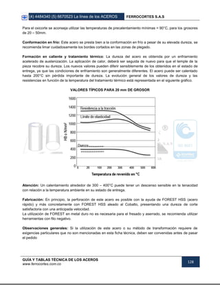 (4) 4484340 (5) 6670523 La línea de los ACEROS FERROCORTES S.A.S
GUÍA Y TABLAS TÉCNICA DE LOS ACEROS
www.ferrocortes.com.co
128
Para el oxicorte se aconseja utilizar las temperaturas de precalentamiento mínimas = 90°C, para los grosores
de 20 – 50mm.
Conformación en frío: Este acero se presta bien a la conformación en frío a pesar de su elevada dureza, se
recomienda limar cuidadosamente los bordes cortados en las zonas de plegado.
Formación en caliente y tratamiento térmico: La dureza del acero es obtenida por un enfriamiento
acelerado de austenización. La aplicación de calor, deberá ser seguida de nuevo para que el temple de la
pieza recobre su dureza. Los nuevos valores pueden diferir sensiblemente de los obtenidos en el estado de
entrega, ya que las condiciones de enfriamiento son generalmente diferentes. El acero puede ser calentado
hasta 200°C sin pérdida importante de dureza. La evolución general de los valores de dureza y las
resistencias en función de la temperatura del tratamiento térmico está representada en el siguiente gráfico.
VALORES TÍPICOS PARA 20 mm DE GROSOR
Atención: Un calentamiento alrededor de 300 – 400°C puede tener un descenso sensible en la tenacidad
con relación a la temperatura ambiente en su estado de entrega.
Fabricación: En principio, la perforación de este acero es posible con la ayuda de FOREST HSS (acero
rápido) y más concretamente con FOREST HSS aleado al Cobalto, presentando una dureza de corte
satisfactoria con una anticipada velocidad.
La utilización de FOREST en metal duro no es necesaria para el fresado y aserrado, se recomienda utilizar
herramientas con filo negativo.
Observaciones generales: Si la utilización de este acero o su método de transformación requiere de
exigencias particulares que no son mencionadas en esta ficha técnica, deben ser convenidas antes de pasar
el pedido
 