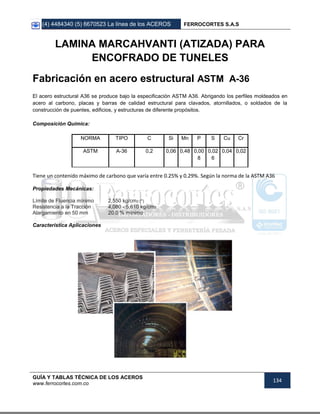 (4) 4484340 (5) 6670523 La línea de los ACEROS FERROCORTES S.A.S
GUÍA Y TABLAS TÉCNICA DE LOS ACEROS
www.ferrocortes.com.co
134
LAMINA MARCAHVANTI (ATIZADA) PARA
ENCOFRADO DE TUNELES
Fabricación en acero estructural ASTM A-36
El acero estructural A36 se produce bajo la especificación ASTM A36. Abrigando los perfiles moldeados en
acero al carbono, placas y barras de calidad estructural para clavados, atornillados, o soldados de la
construcción de puentes, edificios, y estructuras de diferente propósitos.
Composición Química:
Tiene un contenido máximo de carbono que varía entre 0.25% y 0.29%. Según la norma de la ASTM A36
Propiedades Mecánicas:
Límite de Fluencia mínimo 2,550 kg/cm2 (*)
Resistencia a la Tracción 4,080 - 5,610 kg/cm2
Alargamiento en 50 mm 20.0 % mínimo
Característica Aplicaciones
NORMA TIPO C Si Mn P S Cu Cr
ASTM A-36 0,2 0,06 0,48 0,00
8
0,02
6
0,04 0,02
 