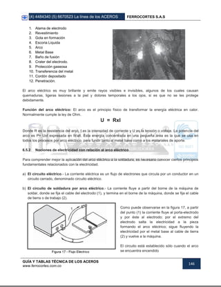 (4) 4484340 (5) 6670523 La línea de los ACEROS FERROCORTES S.A.S
GUÍA Y TABLAS TÉCNICA DE LOS ACEROS
www.ferrocortes.com.co
146
1. Alama de electrodo
2. Revestimiento
3. Gota en formación
4. Escoria Liquida
5. Arco
6. Metal Base
7. Baño de fusión
8. Crater del electrodo.
9. Protección gaseosa
10. Transferencia del metal
11. Cordón depositado
12. Penetración.
El arco eléctrico es muy brillante y emite rayos visibles e invisibles, algunos de los cuales causan
quemaduras, ligeras lesiones a la piel y dolores temporales a los ojos, si es que no se les protege
debidamente.
Función del arco eléctrico: El arco es el principio físico de transformar la energía eléctrica en calor.
Normalmente cumple la ley de Ohm.
U = RxI
Donde R es la resistencia del arco, I es la intensidad de corriente y U es la tensión o voltaje. La potencia del
arco es P= UxI expresada en Watt. Esta energía concentrada en una pequeña área es la que se usa en
todos los procesos por arco eléctrico, para fundir tanto al metal base como a los materiales de aporte.
6.5.2 Nociones de electricidad con relación al arco eléctrico
Para comprender mejor la aplicación del arco eléctrico a la soldadura, es necesario conocer ciertos principios
fundamentales relacionados con la electricidad.
a) El circuito eléctrico.- La corriente eléctrica es un flujo de electrones que circula por un conductor en un
circuito cerrado, denominado circuito eléctrico.
b) El circuito de soldadura por arco eléctrico.- La corriente fluye a partir del borne de la máquina de
soldar, donde se fija el cable del electrodo (1), y termina en el borne de la máquina, donde se fija el cable
de tierra o de trabajo (2).
Como puede observarse en la figura 17, a partir
del punto (1) la corriente fluye al porta-electrodo
y por éste al electrodo; por el extremo del
electrodo salta la electricidad a la pieza
formando el arco eléctrico; sigue fluyendo la
electricidad por el metal base al cable de tierra
(2) y vuelve a la máquina.
El circuito está establecido sólo cuando el arco
se encuentra encendido
 