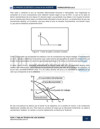 (4) 4484340 (5) 6670523 La línea de los ACEROS FERROCORTES S.A.S
GUÍA Y TABLAS TÉCNICA DE LOS ACEROS
www.ferrocortes.com.co
151
Para cebar y mantener el arco se necesitan determinadas tensiones e intensidades. Sus magnitudes se
comportan en el arco inversamente como deberían hacerlo según la Ley de Ohm. Lo que se ha dado en
llamar características del arco (figura 21) decrece según una pendiente muy rápida y nos muestra la tensión
que se necesita para hacer pasar una determinada intensidad a través del arco. La característica de que cae
bruscamente significa, en la práctica, que para cebar el arco se necesita, forzosamente, una tensión mayor
Uo que para la soldadura propiamente dicha.
Como corresponde a la peculiaridad de soldadura, han de considerarse tres etapas distintas: Funcionamiento
en vacío, cebado y soldadura. En el primer caso, entre el borne del dispositivo de soldar y la pieza existe una
tensión de funcionamiento en vacío (Uo) aproximadamente igual a 75 voltios y una intensidad igual a cero.
Al cebar (corto-circuito), desciende prácticamente la tensión hasta cero (0) y la intensidad alcanza cierto
máximo bien determinado, que a menudo se encuentra por encima del valor de la corriente de soldadura. Al
ocurrir esto, aumenta la tensión entre 15 a 45 voltios (tensión del arco) y la intensidad se estabiliza en un
valor que corresponde al de la soldadura.
De esa circunstancia se deduce que la fuente ha de adaptarse, en lo posible sin inercia, a las condiciones
rápidamente variables del arco. Para todos los cambios de carga que se efectuarán lentamente, es válida la
característica “estática”; en cambio, si ocurren rápidamente, es decisiva la “dinámica”.
 