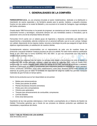 (4) 4484340 (5) 6670523 La línea de los ACEROS FERROCORTES S.A.S
GUÍA Y TABLAS TÉCNICA DE LOS ACEROS
www.ferrocortes.com.co
19
11.. GGEENNEERRAALLIIDDAADDEESS DDEE LLAA CCOOMMPPAAÑÑÍÍAA
FERROCORTES S.A.S., es una empresa vinculada al sector metalmecánico, dedicada a la distribución e
importación de aceros especiales y de ferretería pesada para la grande, mediana y pequeña empresa.
Cuenta con dos sedes en la ciudad de Medellín y una sucursal en la ciudad de Cartagena, lugar estratégico
del Caribe colombiano.
Creada desde 1985 Ferrocortes no ha parado de progresar, se caracteriza por tener un espíritu de constante
crecimiento humano y tecnológico, avanzando siempre con una mentalidad creativa e innovadora, que la
posicionan como una de las empresas líderes del sector.
Ferrocortes S.A.S cuenta con un selecto grupo de Ingenieros y Asesores comerciales que atienden sus
requerimientos y necesidades, además contamos con un personal calificado, que en su ser y actuar, trabajan
con calidad, disponiendo de los mejores medios, recursos y tecnología de punta que aseguren el logro de los
objetivos organizacionales y la satisfacción de nuestros clientes.
Constantemente estamos comprometidos con el mejoramiento de cada una de nuestras líneas de
producción, buscando fortalecer nuestros procesos de cara a la calidad, Por este motivo estamos certificados
desde el año 2003 bajo la norma ICONTEC NTC ISO 9001, lo que nos compromete aún más hacia la
satisfacción de nuestros clientes.
Ferrocortes es una empresa líder del sector, su enfoque está dirigido a los procesos de corte de lamina en
pantógrafos CNC de alta definición, doblado y rolado de lamina en máquinas CNC, corte en Cizalla CNC,
perforaciones con taladro fresador radial, cortes con sierras sin fin CNC, servicios de rectificado y canteado,
desarrollo y fabricación de partes y componentes para maquinaria pesada en industrias del sector petrolero,
minero, constructor, cementero, naval, textil, metalmecánico, entre otras. Nuestras plantas están dotadas con
sistemas de puente grúa de hasta 10 toneladas de capacidad de carga los cuales nos permiten manipular
materiales de gran formato en tiempo óptimo.
Dentro de los productos que se han desarrollado se encuentran:
 Baldes para retroexcavadoras
 Partes para plantas de asfalto
 Plantas trituradoras (Industria cementera)
 Partes para vibro-compactadores
 Cilindros para aplanadora
 Tanques para almacenamiento de combustible, compresores
 Laminas atizadas
 Entre otras fabricaciones
Importando de las más grandes siderúrgicas a nivel mundial y acompañados de un Sistema de Gestión de
Calidad, Ferrocortes garantiza que a través de sus procesos se obtienen productos que satisfacen las
necesidades y expectativas del cliente.
 