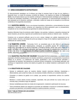 (4) 4484340 (5) 6670523 La línea de los ACEROS FERROCORTES S.A.S
GUÍA Y TABLAS TÉCNICA DE LOS ACEROS
www.ferrocortes.com.co
20
1.1 DIRECCIONAMIENTO ESTRATÉGICO
El direccionamiento estratégico es el enfoque que dirige la empresa hacia el logro de sus objetivos y
desarrollo futuro. La misión de empresa, la política de calidad, y los objetivos de calidad, de Ferrocortes
S.A.S y los principios básicos que las soportan constituyen el direccionamiento estratégico para el desarrollo
de todas las actividades industriales y comerciales de la organización. El direccionamiento estratégico ha
sido expresado por la Gerencia, publicado, y difundido a todos los niveles de la compañía en los términos
contenidos en los siguientes documentos:
1.1.1 NUESTRA MISIÓN: Somos una empresa importadora, distribuidora y comercializadora de aceros
especiales y ferretería pesada, contamos con maquinaria de última generación para su procesamiento,
cumpliendo con las normas técnicas que garantizan la calidad del producto.
Nuestras diferentes líneas de productos están dirigidas a las grandes, medianas y pequeñas empresas del
sector industrial y de servicios, logrando así la preferencia de nuestros clientes en relación costo – beneficio.
Contamos con un personal calificado, que en su ser y actuar, trabajan con calidad, disponiendo de los
mejores medios, recursos y tecnología de punta que aseguren el logro de los objetivos organizacionales y la
satisfacción de nuestros clientes.
1.1.2 NUESTRA VISIÓN: Ferrocortes S.A.S. se consolidará para el año 2014 en una empresa
innovadora dentro del sector metalmecánico, brindando un excelente servicio de comercialización,
distribución y procesamiento de Aceros Especiales y Ferretería Pesada, siendo este parte integral de la
gestión de calidad y la estrategia fundamental, para lograr incrementar la competitividad empresarial en
términos de calidad, tecnología, tiempos de entrega y precios competitivos, generando así, valor a sus
clientes, accionistas y empleados.
1.1.3 NUESTRA POLÍTICA DE CALIDAD: Ferrocortes S.A.S se compromete a suministrar aceros
especiales y ferretería pesada propia a la industria colombiana y proporcionar su procesamiento, buscando la
calidad en el servicio y la satisfacción del cliente, ajustándose a las normas técnicas aplicables y
cumplimiento de requisitos. Nos apoyamos en personal humano competente y en tecnología adecuada, que
contribuye al mejoramiento continuo del sistema de gestión de la calidad mediante la optimización de los
recursos.
1.1.4 OBJETIVOS DE CALIDAD
- Generar la satisfacción plena de nuestros clientes creando soluciones efectivas, impactantes y
diferenciadoras, para cumplir las metas, ser una empresa rentable, eficiente y en constante desarrollo.
- Consolidar un sistema de gestión de la calidad, que permita el mejoramiento continuo de nuestros
procesos.
- Mantener a nuestro talento humano motivado, capacitado, listo para afrontar los nuevos retos que el
mercado exija y orientado al logro de objetivos.
- Generar rentabilidad para todos los niveles de la organización, mediante la optimización de recursos.
- Tener proveedores aliados que aseguren el suministro de materiales e insumos en condiciones ideales y
procesos que garanticen una excelente calidad de nuestros productos y servicios.
 