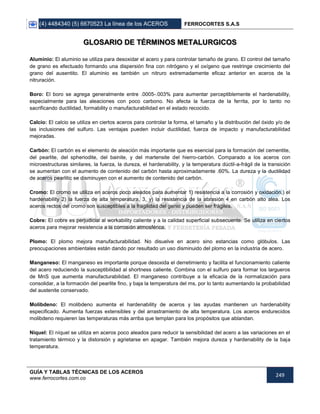 (4) 4484340 (5) 6670523 La línea de los ACEROS FERROCORTES S.A.S
GUÍA Y TABLAS TÉCNICAS DE LOS ACEROS
www.ferrocortes.com.co
249
GLOSARIO DE TÉRMINOS METALURGICOS
Aluminio: El aluminio se utiliza para desoxidar el acero y para controlar tamaño de grano. El control del tamaño
de grano es efectuado formando una dispersión fina con nitrógeno y el oxígeno que restringe crecimiento del
grano del ausentito. El aluminio es también un nitruro extremadamente eficaz anterior en aceros de la
nitruración.
Boro: El boro se agrega generalmente entre .0005-.003% para aumentar perceptiblemente el hardenability,
especialmente para las aleaciones con poco carbono. No afecta la fuerza de la ferrita, por lo tanto no
sacrificando ductilidad, formability o manufacturabilidad en el estado recocido.
Calcio: El calcio se utiliza en ciertos aceros para controlar la forma, el tamaño y la distribución del óxido y/o de
las inclusiones del sulfuro. Las ventajas pueden incluir ductilidad, fuerza de impacto y manufacturabilidad
mejoradas.
Carbón: El carbón es el elemento de aleación más importante que es esencial para la formación del cementite,
del pearlite, del spheriodite, del bainite, y del martensite del hierro-carbón. Comparado a los aceros con
microestructuras similares, la fuerza, la dureza, el hardenability, y la temperatura dúctil-a-frágil de la transición
se aumentan con el aumento de contenido del carbón hasta aproximadamente .60%. La dureza y la ductilidad
de aceros pearlitic se disminuyen con el aumento de contenido del carbón.
Cromo: El cromo se utiliza en aceros poco aleados para aumentar 1) resistencia a la corrosión y oxidación,) el
hardenability 2) la fuerza de alta temperatura, 3, y) la resistencia de la abrasión 4 en carbón alto alea. Los
aceros rectos del cromo son susceptibles a la fragilidad del genio y pueden ser frágiles.
Cobre: El cobre es perjudicial al workability caliente y a la calidad superficial subsecuente. Se utiliza en ciertos
aceros para mejorar resistencia a la corrosión atmosférica.
Plomo: El plomo mejora manufacturabilidad. No disuelve en acero sino estancias como glóbulos. Las
preocupaciones ambientales están dando por resultado un uso disminuido del plomo en la industria de acero.
Manganeso: El manganeso es importante porque desoxida el derretimiento y facilita el funcionamiento caliente
del acero reduciendo la susceptibilidad al shortness caliente. Combina con el sulfuro para formar los largueros
de MnS que aumenta manufacturabilidad. El manganeso contribuye a la eficacia de la normalización para
consolidar, a la formación del pearlite fino, y baja la temperatura del ms, por lo tanto aumentando la probabilidad
del austenite conservado.
Molibdeno: El molibdeno aumenta el hardenability de aceros y las ayudas mantienen un hardenability
especificado. Aumenta fuerzas extensibles y del arrastramiento de alta temperatura. Los aceros endurecidos
molibdeno requieren las temperaturas más arriba que templan para los propósitos que ablandan.
Níquel: El níquel se utiliza en aceros poco aleados para reducir la sensibilidad del acero a las variaciones en el
tratamiento térmico y la distorsión y agrietarse en apagar. También mejora dureza y hardenability de la baja
temperatura.
 