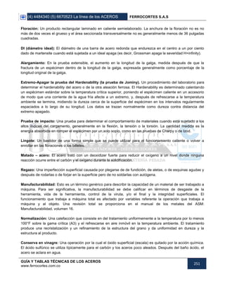(4) 4484340 (5) 6670523 La línea de los ACEROS FERROCORTES S.A.S
GUÍA Y TABLAS TÉCNICAS DE LOS ACEROS
www.ferrocortes.com.co
251
Floración: Un producto rectangular laminado en caliente semielaborado. La anchura de la floración no es no
más de dos veces el grueso y el área seccionada transversalmente no es generalmente menos de 36 pulgadas
cuadradas.
DI (diámetro ideal): El diámetro de una barra de acero redonda que endurezca en el centro a un por ciento
dado de martensite cuando está sujetada a un ideal apaga (es decir, Grossman apaga la severidad H=infinity).
Alargamiento: En la prueba extensible, el aumento en la longitud de la galga, medida después de que la
fractura de un espécimen dentro de la longitud de la galga, expresada generalmente como porcentaje de la
longitud original de la galga.
Extremo-Apagar la prueba del Hardenability (la prueba de Jominy). Un procedimiento del laboratorio para
determinar el hardenability del acero o de la otra aleación ferrosa. El Hardenability es determinado calentando
un espécimen estándar sobre la temperatura crítica superior, poniendo el espécimen caliente en un accesorio
de modo que una corriente de la agua fría afecte a un extremo, y, después de refrescarse a la temperatura
ambiente se termina, midiendo la dureza cerca de la superficie del espécimen en los intervalos regularmente
espaciados a lo largo de su longitud. Los datos se trazan normalmente como dureza contra distancia del
extremo apagado.
Prueba de impacto: Una prueba para determinar el comportamiento de materiales cuando está sujetado a los
altos índices del cargamento, generalmente en la flexión, la tensión o la torsión. La cantidad medida es la
energía absorbida en romper el espécimen por un solo soplo, como en las pruebas de Charpy o de Izod.
Lingote: Un bastidor de una forma simple que se puede utilizar para el funcionamiento caliente o volver a
enrollar en las floraciones o los billetes.
Matado – acero: El acero trató con un deoxidizer fuerte para reducir el oxígeno a un nivel donde ninguna
reacción ocurre entre el carbón y el oxígeno durante la solidificación.
Regazo: Una imperfección superficial causada por plegarse de de fundición, de aletas, o de esquinas agudas y
después de rodarlas o de forjar en la superficie pero de no soldarlas con autógena.
Manufacturabilidad: Esto es un término genérico para describir la capacidad de un material de ser trabajado a
máquina. Para ser significativa, la manufacturabilidad se debe calificar en términos de desgaste de la
herramienta, vida de la herramienta, control de la viruta, y/o el final y la integridad superficiales. El
funcionamiento que trabaja a máquina total es afectado por variables referente la operación que trabaja a
máquina y al objeto. Una revisión total se proporciona en el manual de los metales del ASM:
Manufacturabilidad, volumen 16.
Normalización: Una calefacción que consiste en del tratamiento uniformemente a la temperatura por lo menos
100°F sobre la gama crítica (A3) y el refrescarse en aire inmóvil en la temperatura ambiente. El tratamiento
produce una recristalización y un refinamiento de la estructura del grano y da uniformidad en dureza y la
estructura al producto.
Conserva en vinagre: Una operación por la cual el óxido superficial (escala) es quitado por la acción química.
El ácido sulfúrico se utiliza típicamente para el carbón y los aceros poco aleados. Después del baño ácido, el
acero se aclara en agua.
 