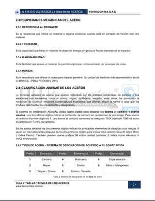 (4) 4484340 (5) 6670523 La línea de los ACEROS FERROCORTES S.A.S
GUÍA Y TABLAS TÉCNICA DE LOS ACEROS
www.ferrocortes.com.co
27
2.3PROPIEDADES MECÁNICAS DEL ACERO
2.3.1 RESISTENCIA AL DESGASTE
Es la resistencia que ofrece un material a dejarse erosionar cuando está en contacto de fricción con otro
material.
2.3.2 TENACIDAD
Es la capacidad que tiene un material de absorber energía sin producir fisuras (resistencia al impacto).
2.3.4 MAQUINABILIDAD
Es la facilidad que posee un material de permitir el proceso de mecanizado por arranque de viruta.
2.3.4 DUREZA
Es la resistencia que ofrece un acero para dejarse penetrar. Su unidad de medición más representativa se da
en BRINELL (HB) o ROCKWEL (HR).
2.4 CLASIFICACIÓN AISI/SAE DE LOS ACEROS
La inmensa variedad de aceros que pueden obtenerse por los distintos porcentajes de carbono y sus
aleaciones con elementos como el cromo, níquel, molibdeno, vanadio, entre otros, ha provocado la
necesidad de clasificar mediante nomenclaturas especiales, que difieren según la norma o casa que los
produce para facilitar su conocimiento y designación.
El sistema de designación AISI/SAE utiliza cuatro dígitos para designar los aceros al carbono y aceros
aleados. Los dos últimos dígitos indican el contenido, de carbono en centésimas de porcentaje. Para aceros
al carbono el primer dígito es 1. Los aceros al carbono corrientes se designan 10XX (ejemplo 1045 es acero
al carbono con 0.45% de carbono).
En los aceros aleados los dos primeros dígitos indican los principales elementos de aleación y sus rangos. A
veces se intercalan letras después de los dos primeros dígitos para indicar otra característica (B indica Boro,
L indica Plomo). También pueden usarse prefijos (M indica calidad corriente, E indica horno eléctrico, H
indica endurecible)
2.4.1 TIPOS DE ACERO – SISTEMA DE DESIGNACIÓN DE ACUERDO A SU COMPOSICIÓN
Prefijo Elemento(s) Prefijo Elemento(s) Prefijo Elemento(s)
1 Carbono 4 Molibdeno 8 Triple aleación
2 Níquel 5 Cromo 9 Silicio – Manganeso
3 Níquel – Cromo 6 Cromo – Vanadio
Tabla 2. Sistema de designación de los tipos de acero
 