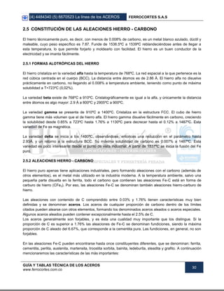 (4) 4484340 (5) 6670523 La línea de los ACEROS FERROCORTES S.A.S
GUÍA Y TABLAS TÉCNICA DE LOS ACEROS
www.ferrocortes.com.co
30
2.5 CONSTITUCIÓN DE LAS ALEACIONES HIERRO - CARBONO
El hierro técnicamente puro, es decir, con menos de 0.008% de carbono, es un metal blanco azulado, dúctil y
maleable, cuyo peso específico es 7.87. Funde de 1536.5ºC a 1539ºC reblandeciéndose antes de llegar a
esta temperatura, lo que permite forjarlo y moldearlo con facilidad. El hierro es un buen conductor de la
electricidad y se imanta fácilmente.
2.5.1 FORMAS ALOTRÓPICAS DEL HIERRO
El hierro cristaliza en la variedad alfa hasta la temperatura de 768ºC. La red espacial a la que pertenece es la
red cúbica centrada en el cuerpo (BCC). La distancia entre átomos es de 2.86 Å. El hierro alfa no disuelve
prácticamente en carbono, no llegando al 0.008% a temperatura ambiente, teniendo como punto de máxima
solubilidad a T=723ºC (0,02%).
La variedad beta existe de 768ºC a 910ºC. Cristalográficamente es igual a la alfa, y únicamente la distancia
entre átomos es algo mayor: 2.9 Å a 800ºC y 2905ºC a 900ºC.
La variedad gamma se presenta de 910ºC a 1400ºC. Cristaliza en la estructura FCC. El cubo de hierro
gamma tiene más volumen que el de hierro alfa. El hierro gamma disuelve fácilmente en carbono, creciendo
la solubilidad desde 0.85% a 723ºC hasta 1.76% a 1130ºC para decrecer hasta el 0.12% a 1487ºC. Esta
variedad de Fe es magnética.
La variedad delta se inicia a los 1400ºC, observándose, entonces una reducción en el parámetro hasta
2.93Å, y un retorno a la estructura BCC. Su máxima solubilidad de carbono es 0.007% a 1487ºC. Esta
variedad es poco interesante desde el punto de vista industrial. A partir de 1537ºC se inicia la fusión del Fe
puro.
2.5.2 ALEACIONES HIERRO - CARBONO
El hierro puro apenas tiene aplicaciones industriales, pero formando aleaciones con el carbono (además de
otros elementos), es el metal más utilizado en la industria moderna. A la temperatura ambiente, salvo una
pequeña parte disuelta en la ferrita, todo el carbono que contienen las aleaciones Fe-C está en forma de
carburo de hierro (CFe3). Por eso, las aleaciones Fe-C se denominan también aleaciones hierro-carburo de
hierro.
Las aleaciones con contenido de C comprendido entre 0.03% y 1.76% tienen características muy bien
definidas y se denominan aceros. Los aceros de cualquier proporción de carbono dentro de los límites
citados pueden alearse con otros elementos, formando los denominados aceros aleados o aceros especiales.
Algunos aceros aleados pueden contener excepcionalmente hasta el 2.5% de C.
Los aceros generalmente son forjables, y es ésta una cualidad muy importante que los distingue. Si la
proporción de C es superior a 1.76% las aleaciones de Fe-C se denominan fundiciones, siendo la máxima
proporción de C aleado del 6.67%, que corresponde a la cementita pura. Las fundiciones, en general, no son
forjables.
En las aleaciones Fe-C pueden encontrarse hasta once constituyentes diferentes, que se denominan: ferrita,
cementita, perlita, austenita, martensita, troostita sorbita, bainita, ledeburita, steadita y grafito. A continuación
mencionaremos las características de las más importantes:
 