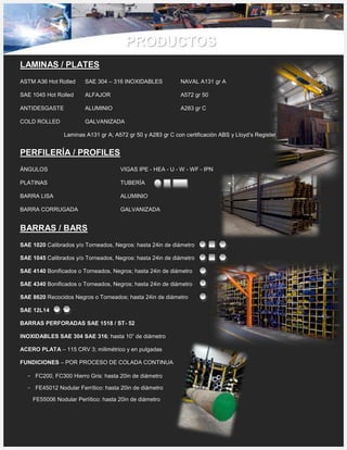 PRODUCTOS
LAMINAS / PLATES
ASTM A36 Hot Rolled SAE 304 – 316 INOXIDABLES NAVAL A131 gr A
SAE 1045 Hot Rolled ALFAJOR A572 gr 50
ANTIDESGASTE ALUMINIO A283 gr C
COLD ROLLED GALVANIZADA
Laminas A131 gr A; A572 gr 50 y A283 gr C con certificación ABS y Lloyd’s Register.
PERFILERÍA / PROFILES
ÁNGULOS VIGAS IPE - HEA - U - W - WF - IPN
PLATINAS TUBERÍA
BARRA LISA ALUMINIO
BARRA CORRUGADA GALVANIZADA
BARRAS / BARS
SAE 1020 Calibrados y/o Torneados, Negros: hasta 24in de diámetro
SAE 1045 Calibrados y/o Torneados, Negros: hasta 24in de diámetro
SAE 4140 Bonificados o Torneados, Negros; hasta 24in de diámetro
SAE 4340 Bonificados o Torneados, Negros; hasta 24in de diámetro
SAE 8620 Recocidos Negros o Torneados; hasta 24in de diámetro
SAE 12L14
BARRAS PERFORADAS SAE 1518 / ST- 52
INOXIDABLES SAE 304 SAE 316; hasta 10” de diámetro
ACERO PLATA – 115 CRV 3; milimétrico y en pulgadas
FUNDICIONES – POR PROCESO DE COLADA CONTINUA
- FC200, FC300 Hierro Gris: hasta 20in de diámetro
- FE45012 Nodular Ferrítico: hasta 20in de diámetro
FE55006 Nodular Perlítico: hasta 20in de diámetro
 