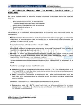 (4) 4484340 (5) 6670523 La línea de los ACEROS FERROCORTES S.A.S
GUÍA Y TABLAS TÉCNICA DE LOS ACEROS
www.ferrocortes.com.co
94
33..77.. TTRRAATTAAMMIIEENNTTOOSS TTÉÉRRMMIICCOOSS PPAARRAA LLOOSS HHIIEERRRROOSS FFUUNNDDIIDDOOSS GGRRIISSEESS YY
NNOODDUULLAARREESS
Los hierros fundidos pueden ser sometidos a varios tratamientos térmicos para alcanzar los siguientes
objetivos:
 Alivio de tensiones provocadas por la solidificación;
 Obtención de mejor ductilidad y mejor maquinabilidad;
 Mejora de las propiedades mecánicas de resistencia;
 Descomposición de carburos, o
 Endurecimiento.
La clasificación de los tratamientos térmicos para alcanzar las propiedades arriba mencionadas pueden ser
clasificadas en:
- Alivio de tensiones: Este tratamiento es efectuado para minimizar las tensiones surgidas en el material a
consecuencia de la solidificación y puede ser utilizado para los hierros fundidos grises y nodulares, sin
cambiar la micro estructura del material.
Para este tratamiento se utilizan temperaturas entre 510 a 680ºC.
Temperaturas superiores eliminarán todas las tensiones, sin embargo, cambiarían la micro estructura y
reducirían la dureza y las propiedades mecánicas.
- Recocido:: Se efectúa este tratamiento térmico en hierros fundidos gris y nodular, cuando se desea
obtener además del alivio de tensiones, dureza más baja, máxima ductilidad (en nodular) y mayor
maquinabilidad, obviamente, con menor resistencia mecánica.
Con este tratamiento se obtiene matriz ferritica en función de la descomposición de la cementíta de la
perlita.
Para hierros fundidos gris se utilizan dos diferentes ciclos:
a. Subcrítico: Consiste en el calentamiento del material entre 700 a 760ºC con enfriamiento lento en el
horno hasta 300ºC. La matriz obtenida es predominantemente ferritica, y normalmente utilizada cuando
se desea una mejor maquínabilidad.
b. Pleno: Consiste en el calentamiento del material entre 800 y 950ºC y enfriamiento lento dentro del
horno hasta 300ºC. La matriz obtenida es totalmente ferritica, promoviendo también la disolución de
carburos eutéticos.
Para hierros fundidos nodular se pueden emplear tres diferentes ciclos de recocido:
a. Calentamiento hasta 900 a 950ºC — para la eliminación de carburos eutéticos en los cantos de
piezas gruesas o piezas finas. El enfriamiento debe ser efectuado dentro del horno, para obtenerse
una estructura totalmente ferritica.
 