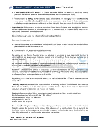 (4) 4484340 (5) 6670523 La línea de los ACEROS FERROCORTES S.A.S
GUÍA Y TABLAS TÉCNICA DE LOS ACEROS
www.ferrocortes.com.co
95
b. Calentamiento hasta 800 a 900ºC — cuando se desea obtener una estructura ferritica y no hay
presencia de carburos eutéticos. El enfriamiento debe ser efectuado dentro del horno.
c. Calentamiento a 700ºC y mantenimiento a esta temperatura por un largo período y enfriamiento
en el horno (recocido subcrítico). Este tratamiento presenta un menor riesgo de deformación debido
a la baja temperatura y estructura totalmente ferritica. La matriz debe ser exenta de cementita libre.
- Normalización: El tratamiento térmico de normalización de hierros fundidos tiene por objeto un aumento
de las propiedades mecánicas de resistencia y dureza, o la restauración de propiedades del estado bruto
de fusión o tratamientos térmicos anteriores.
La normalización, produce una estructura homogénea de perlita fina.
Este tratamiento consiste en:
a. Calentamiento hasta la temperatura de austenización (850 a 930 ºC), para permitir que un determinado
porcentaje de carbono entre en solución.
b. Enfriamiento al aire, hasta la temperatura ambiente.
Se verifica en los hierros fundidos grises no aleados y sometidos a este tratamiento térmico, la
disminución de las propiedades mecánicas debido a la formación de ferrita libre y/o aumento de la
cantidad de grafito.
En los hierros fundidos nodulares se observa normalmente aumento en los resultados de resistencia y
dureza y reducción en los resultados de alargamiento.
- Revenido: Este tratamiento térmico es efectuado a una temperatura inferior a la temperatura crítica y se
utilizado para realizar alivio de tensiones, reducción de la dureza, y obtener una dureza deseada (nodular)
en el caso de haber pasado por tratamiento de temple.
Para hierro fundido gris la temperatura de revenido es efectuada entre 500 y 600°C, y para nodular entre
550 y 650ºC.
- Temple y Revenido: El objetivo de los tratamientos de temple y revenido, principalmente en el caso de
hierro fundido nodular, es el de obtenerse una sensible elevación de la dureza con una determinada
estructura y mejorar la resistencia a la tracción y al impacto.
Las propiedades mecánicas típicas obtenidas con este tratamiento en hierro fundido nodular son:
Límite de resistencia a la tracción 87,0 a 110,0 kgf/mm²
Límite de Fluencia 66,0 a 110,0 kgf/mm²
Alargamiento 2,0 a 7,0%
Dureza Brinell 270 a 350HB
En el hierro fundido gris cuando es sometido al temple, se observa una reducción en Ia resistencia a la
tracción a pesar del aumento en la dureza. Esta reducción en la resistencia se debe al aumento de
tensiones internas en la estructura y formación de centros de nucleación de fisuras debido al efecto de
talla del grafito durante la transformación a estructura martensítica.
 