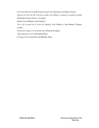 N´da ram hmaya bí ja bu M´bonda, El paseo de Chapultepec de Mejía, Lorenzo.
Jabu ge di t´eni, di p´ede xi di enti ya nuha. Así medimos, contamos y pesamos los ñuhu
de Ramírez, Flores Javier et al (comp.).
Ndoba Isien de Regino, Juan Gregorio.
Voces del corazón de la tierra de Sánchez, Luis Manuel y Juan Manuel Vázquez
(comp.).
Cuento del conejo y el coyote de Cruz, Gloria de la (adap.).
¿Hay alguien en casa? de Peralta, Benito.
El sótano de las golondrinas de Martínez, Rosa.




  Amílcar Saavedra Rosas                                       ¿Te atreverías a hacer algo así…? | 63
                                                                                   Vamos a leer
 