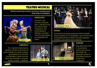 8
Teatro musical
Género teatral que incluye secciones cantadas para
desarrollar los diálogos.
MUSICALES
Cuentan una
historia completa,
pero a diferencia de
una obra teatral
cualquiera, van
intercalándose
diálogos cantados
entre los personajes,
acompañados de
bailes.
El Rey León
ÓPERA
Se trata de una representación teatral cantada,
prácticamente en su integridad, que cuenta con el
acompañamiento en directo de una orquesta
sinfónica. Los actores son cantantes.
La Traviata de Verdi
ZARZUELA
Es un género típicamente
español, similar al musical, ya
que se habla y se canta, aunque
generalmente no incluye
coreografías y suele tener un
tono más dramático, tocando
temas sociales o realistas.
El rey que rabió de Chapí
SAINETE
Una obra muy corta
y de temática
cómica que busca
por medio de
pequeños cánticos
ridiculizar hechos y
situaciones
cotidianas.
El conventillo de la paloma
de Alberto Vacarezza
 