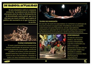12
De rabiosa actualidad
El arte dramático está en constante
evolución. La tendencia de los últimos
cincuenta años ha sido la eliminación de
la denominada cuarta pared, que no es
otra que ese muro invisible que separa al
público del escenario en el que transcurre
la acción.
TEATRO EXPERIMENTAL
El teatro experimental busca trastocar las
formas tradicionales de presentar una pieza
teatral; proponiendo, por ejemplo, involucrar
al público en la trama; incluir elementos
alejados hasta hace poco del arte dramático,
como el circo o las acrobacias; o fusionar el
teatro con otras manifestaciones artísticas.
TEATRO DE INMERSIÓN
En este tipo de teatro los espectadores se convierten en partícipes de
la acción y tienen un papel activo. El ambiente y la escenografía
suelen tener una gran importancia; siendo especialmente
importante la capacidad de los actores para improvisar y mantener
las intervenciones de la audiencia dentro de la idea de la trama.
PERFORMANCE
Se trata de una acción
artística, una muestra
escénica interpretativa,
cuyo fin es transmitir una
idea o concepto,
generando una reacción en
el espectador. Están muy
pensadas y cuidadas
aunque en ocasiones dejan
libertad para la
improvisación.
 