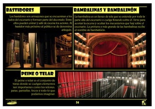 24
Peine o telar
Bambalinas y Bambalinón
bastidores
Los bastidores son armazones que se encuentran a los
lados del escenario y forman parte del decorado. Entre
ellos pueden entrar y salir de escena los actores. Al
bastidor más próximo al público se de denomina
arlequín.
La bambalina es un lienzo de tela que se extiende por toda la
parte alta del escenario o cuelga flotando sobre él. Sirve para
acortar la escena y ocultar los mecanismos que hay sobre el
escenario. La primera y más grande de las bambalinas recibe
el nombre de bambalinón.
El peine o telar es el conjunto de
varas donde se cuelgan elementos
tan importantes como los telones,
patas, pantallas, focos y todo lo que
podamos imaginar.
 