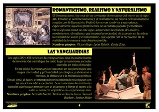 4
Romanticismo,realismoynaturalismo
El Romanticismo, fue una de las corrientes dominantes del teatro en el siglo
XIX. Enfatizó el sentimentalismo y el dramatismo en contra del racionalismo
surgido con la Ilustración. Prefirió los temas sombríos y misteriosos,
especialmente aquellos provenientes de la cultura popular y el folklore.
En la segunda mitad de este siglo, adquirieron relevancia dos nuevos
movimientos: el realismo, que impuso la necesidad de expresar en las obras
la realidad del autor, y el naturalismo, que apostó por la recreación de la
realidad de la manera más objetiva posible.
Nombres propios: Víctor Hugo, León Tolstói , Émile Zola.
Las vanguardias
Los siglos XX y XXI tienen en las vanguardias, una incesante fuente
de innovación teatral que ha dado lugar a numerosas escuelas
teatrales en todo el mundo.
En su inicio, las vanguardias buscaron en sus personajes una
mayor intensidad y profundidad psicológica, y abrazaron a
menudo la denuncia y la militancia política.
Desde 1960, el teatro contemporáneo ha intentado reconectar con
las emociones del espectador, Son numerosas las vertientes
teatrales que buscan romper con el escenario y llevar el teatro a la
calle, o convertir al público en un personaje más.
Nombres propios: Bertoldt Brecht , Federico García Lorca, Samuel
Beckett , Arthur Miller
 