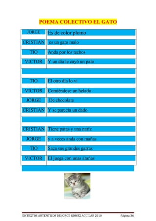 POEMA COLECTIVO EL GATO
  JORGE        Es de color plomo
CRISTIAN es un gato malo

    TIO        Anda por los techos

 VICTOR        Y un día le cayó un palo



    TIO        El otro día lo vi

 VICTOR        Comiéndose un helado

  JORGE         De chocolate

CRISTIAN Y se parecía un dado



CRISTIAN Tiene patas y una nariz

  JORGE        y a veces anda con mañas

    TIO        Saca sus grandes garras

 VICTOR        El juega con unas arañas




50 TEXTOS AUTENTICOS DE JORGE GÓMEZ AGUILAR 2010   Página 36
 