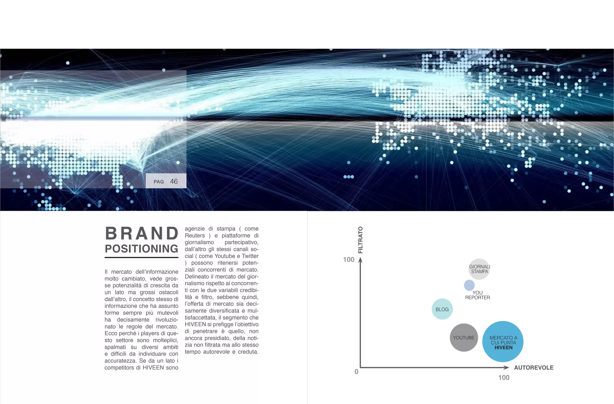46
BRAND
POSITIONING
Il mercato dell’informazione
molto cambiato, vede gros-
se potenzialità di crescita da
un lato ma grossi ostacoli
dall’altro, il concetto stesso di
informazione che ha assunto
forme sempre più mutevoli
ha decisamente rivoluzio-
nato le regole del mercato.
Ecco perché i players di que-
sto settore sono molteplici,
spalmati su diversi ambiti
e difficili da individuare con
accuratezza. Se da un lato i
competitors di HIVEEN sono
agenzie di stampa ( come
Reuters ) e piattaforme di
giornalismo partecipativo,
dall’altro gli stessi canali so-
cial ( come Youtube e Twitter
) possono ritenersi poten-
ziali concorrenti di mercato.
Delineato il mercato del gior-
nalismo rispetto ai concorren-
ti con le due variabili credibi-
lità e filtro, sebbene quindi,
l’offerta di mercato sia deci-
samente diversificata e mul-
tisfaccettata, il segmento che
HIVEEN si prefigge l’obiettivo
di penetrare è quello, non
ancora presidiato, della noti-
zia non filtrata ma allo stesso
tempo autorevole e creduta.
PAG
 