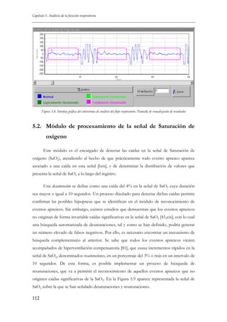 Capítulo 5. Análisis de la función respiratoria

Figura 5.8. Interfaz gráfica del subsistema de análisis del flujo respiratorio. Pantalla de visualización de resultados

5.2. Módulo de procesamiento de la señal de Saturación de
oxígeno
Este módulo es el encargado de detectar las caídas en la señal de Saturación de
oxígeno (SaO2), atendiendo al hecho de que prácticamente todo evento apneico aparece
asociado a una caída en esta señal [lxix], y de determinar la distribución de valores que
presenta la señal de SaO2 a lo largo del registro.
Una desaturación se define como una caída del 4% en la señal de SaO2 cuya duración
sea mayor o igual a 10 segundos. Un proceso diseñado para detectar dichas caídas permite
confirmar las posibles hipopneas que se identifican en el módulo de reconocimiento de
eventos apneicos. Sin embargo, existen estudios que demuestran que los eventos apneicos
no originan de forma invariable caídas significativas en la señal de SaO2 [41,cix], con lo cual
una búsqueda automatizada de desaturaciones, tal y como se han definido, podría generar
un número elevado de falsos negativos. Por ello, es necesario encontrar un mecanismo de
búsqueda complementario al anterior. Se sabe que todos los eventos apneicos vienen
acompañados de hiperventilación compensatoria [81], que causa incrementos rápidos en la
señal de SaO2, denominados resaturaciones, en un porcentaje del 3% o más en un intervalo de
10 segundos. De esta forma, es posible implementar un proceso de búsqueda de
resaturaciones, que va a permitir el reconocimiento de aquellos eventos apneicos que no
originen caídas significativas de la SaO2. En la Figura 5.9 aparece representada la señal de
SaO2 sobre la que se han señalado desaturaciones y resaturaciones.
112

 
