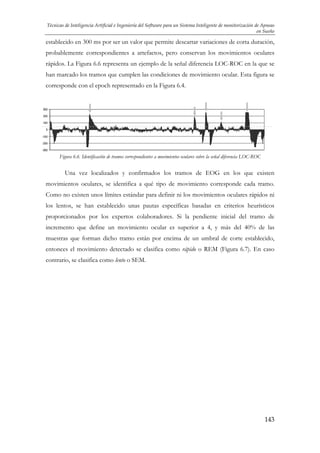 Técnicas de Inteligencia Artificial e Ingeniería del Software para un Sistema Inteligente de monitorización de Apneas
en Sueño

establecido en 300 ms por ser un valor que permite descartar variaciones de corta duración,
probablemente correspondientes a artefactos, pero conservan los movimientos oculares
rápidos. La Figura 6.6 representa un ejemplo de la señal diferencia LOC-ROC en la que se
han marcado los tramos que cumplen las condiciones de movimiento ocular. Esta figura se
corresponde con el epoch representado en la Figura 6.4.

Figura 6.6. Identificación de tramos correspondientes a movimientos oculares sobre la señal diferencia LOC-ROC

Una vez localizados y confirmados los tramos de EOG en los que existen
movimientos oculares, se identifica a qué tipo de movimiento corresponde cada tramo.
Como no existen unos límites estándar para definir ni los movimientos oculares rápidos ni
los lentos, se han establecido unas pautas específicas basadas en criterios heurísticos
proporcionados por los expertos colaboradores. Si la pendiente inicial del tramo de
incremento que define un movimiento ocular es superior a 4, y más del 40% de las
muestras que forman dicho tramo están por encima de un umbral de corte establecido,
entonces el movimiento detectado se clasifica como rápido o REM (Figura 6.7). En caso
contrario, se clasifica como lento o SEM.

143

 