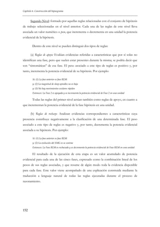 Capítulo 6. Construcción del hipnograma

Segundo Nivel: formado por aquellas reglas relacionadas con el conjunto de hipótesis
de trabajo seleccionadas en el nivel anterior. Cada una de las reglas de este nivel lleva
asociada un valor numérico o peso, que incrementa o decrementa en una unidad la potencia
evidencial de la hipótesis.
Dentro de este nivel se pueden distinguir dos tipos de reglas:
(a) Reglas de apoyo: Evalúan evidencias referidas a características que por sí solas no
identifican una fase, pero que suelen estar presentes durante la misma; se podría decir que
son “sintomáticas” de esa fase. El peso asociado a este tipo de reglas es positivo y, por
tanto, incrementa la potencia evidencial de su hipótesis. Por ejemplo:
Si: (1) La fase anterior es fase REM
y: (2) La magnitud de sleep-spindles no es baja
y: (3) No hay movimientos oculares rápidos
Entonces: La Fase 2 es apoyada y se incrementa la potencia evidencial de Fase 2 en una unidad

Todas las reglas del primer nivel actúan también como reglas de apoyo, en cuanto a
que incrementan la potencia evidencial de la fase hipótesis en una unidad.
(b) Reglas de rechazo: Analizan evidencias correspondientes a características cuya
presencia contribuye negativamente a la clasificación de una determinada fase. El peso
asociado a este tipo de reglas es negativo y, por tanto, decrementa la potencia evidencial
asociada a su hipótesis. Por ejemplo:
Si: (1) La fase anterior es fase REM
y: (2) La evolución del EMG es se contrae
Entonces: La Fase REM es rechazada y se decrementa la potencia evidencial de Fase REM en una unidad

El resultado de la ejecución de esta etapa es un valor acumulado de potencia
evidencial para cada una de las cinco fases, expresado como la combinación lineal de los
pesos de sus reglas asociadas, y que resume de algún modo toda la evidencia disponible
para cada fase. Este valor viene acompañado de una explicación construida mediante la
traducción a lenguaje natural de todas las reglas ejecutadas durante el proceso de
razonamiento.

152

 
