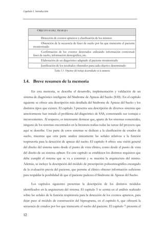 Capítulo 1. Introducción

OBJETIVOS DEL TRABAJO
Detección de eventos apneicos y clasificación de los mismos
Obtención de la secuencia de fases de sueño por las que transcurre el paciente
monitorizado
Confirmación de los eventos detectados utilizando información contextual:
fases de sueño, información demográfica, etc.
Elaboración de un diagnóstico adaptado al paciente monitorizado
Justificación de los resultados obtenidos para cada objetivo determinado
Tabla 1.1. Objetivos del trabajo desarrollados en la memoria

1.4. Breve resumen de la memoria
En esta memoria, se describe el desarrollo, implementación y validación de un
sistema de diagnóstico inteligente del Síndrome de Apneas del Sueño (SAS). En el capítulo
siguiente se ofrece una descripción más detallada del Síndrome de Apneas del Sueño y los
distintos tipos que existen. El capítulo 3 presenta una descripción de diversos sistemas que
anteriormente han tratado el problema del diagnóstico de SAS, comentando sus ventajas e
inconvenientes. Al respecto, es interesante destacar que, aparte de los sistemas comerciales,
ninguno de los sistemas encontrados en la literatura realiza todas las tareas del proyecto que
aquí se describe. Una parte de estos sistemas se dedican a la clasificación de estados de
sueño, mientras que otra parte analiza únicamente las señales relativas a la función
respiratoria para la detección de apneas del sueño. El capítulo 4 ofrece una visión general
del diseño del sistema tanto desde el punto de vista clínico, como desde el punto de vista
del diseño de un sistema software. En este capítulo se establecen los distintos requisitos que
debe cumplir el sistema que se va a construir y se muestra la arquitectura del mismo.
Además, se incluye la descripción del módulo de prescripción polisomnográfica encargado
de la evaluación previa del paciente, que permite al clínico obtener información suficiente
para respaldar la posibilidad de que el paciente padezca el Síndrome de Apneas del Sueño.
Los capítulos siguientes presentan la descripción de los distintos módulos
identificados en la arquitectura del sistema. El capítulo 5 se centra en el análisis realizado
sobre las señales de la función respiratoria para la detección de los eventos apneicos, para
dejar paso al módulo de construcción del hipnograma, en el capítulo 6, que ofrecerá la
secuencia de estados por los que transcurre el sueño del paciente. El capítulo 7 presenta el
12

 