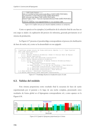 Capítulo 6. Construcción del hipnograma

Figura 6.16. Conflicto entre fases por situación indefinida (evidencias no concluyentes)

Como se aprecia en los ejemplos, la justificación de la selección final de una fase en
esta etapa se añade a la explicación del proceso de inferencia, generada previamente en el
sistema de producción.
La Figura 6.17 presenta el pseudocódigo correspondiente al proceso de clasificación
de fases de sueño, tal y como se ha desarrollado en este epígrafe.
1.
2.

Clasificar primer minuto de forma arbitraria (Epochs 1 y 2 = Fase Vigilia)
Para cada epoch posterior
2.1. Para cada fase
2.1.1. Obtener Potencia Evidencial (fase) ← Evaluar Base de Reglas
2.1.2. Anotar explicación
2.2. Seleccionar fase como Resultado Clasificación
2.2.1. Buscar máxima potencia evidencial
2.2.2. Contar Fases posibles → máxima Potencia Evidencial(Fasei)
Si Fases Posibles=1
Resultado Clasificación= Fasei
Si Fases Posibles > 1 y una de las Posibles = Fase Anterior
Resultado Clasificación = Fase Anterior
Si no Resultado Clasificación(Transiciones Válidas)
Si no Resultado Clasificación = Fase Anterior
2.3. Fase Anterior = Resultado Clasificación
2.4. Anotar explicación sobre Resultado Clasificación

Figura 6.17. Pseudocódigo del proceso de clasificación de fases de sueño

6.3. Salidas del módulo
Este sistema proporciona como resultado final la secuencia de fases de sueño
experimentada por el paciente a lo largo de una noche completa, presentando estos
resultados de forma global en el hipnograma correspondiente tal y como aparece en la
Figura 6.18.

Figura 6.18. Ejemplo de hipnograma proporcionado por el sistema

156

 