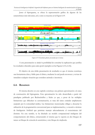 Técnicas de Inteligencia Artificial e Ingeniería del Software para un Sistema Inteligente de monitorización de Apneas
en Sueño

Junto al hipnograma, se ofrece la representación gráfica de algunas de las
características más relevantes, tal y como se muestra en la Figura 6.19.

Figura 6.19. Resultados globales presentados por el sistema

A esta presentación se añade la posibilidad de consultar la explicación que justifica
los resultados obtenidos para cada epoch (ejemplos en las Figuras 6.14 a 6.16).
El objetivo de esta doble presentación de resultados es que el sistema constituya
una herramienta clara y fiable para el clínico, mediante la cual pueda reconocer y revisar de
inmediato cualquier situación que considere anómala o incorrecta.

6.4. Resumen
El sistema descrito en este capítulo constituye una primera aproximación a la tarea
de construcción del hipnograma. Esta aproximación ha sido desarrollada a partir del
paradigma publicado por Rechtschaffen y Kales ya que, a pesar de las múltiples
limitaciones que dificultan su automatización, se trata del único estándar ampliamente
aceptado por la comunidad médica. Las limitaciones mencionadas obligan a descartar la
utilización de la programación convencional para su implementación, y a recurrir a técnicas
de Inteligencia Artificial que permitan manejar adecuadamente el conocimiento del
dominio. En este sentido, se ha diseñado un modelo computacional inteligente del
comportamiento del clínico, estructurando el sistema que lo soporta en dos bloques de
tareas: un bloque de extracción de características y otro bloque de clasificación.
157

 