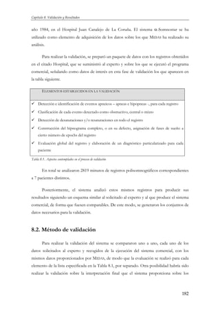 Capítulo 8. Validación y Resultados

año 1984, en el Hospital Juan Canalejo de La Coruña. El sistema α-Somnostar se ha
utilizado como elemento de adquisición de los datos sobre los que MIDAS ha realizado su
análisis.
Para realizar la validación, se preparó un paquete de datos con los registros obtenidos
en el citado Hospital, que se suministró al experto y sobre los que se ejecutó el programa
comercial, señalando como datos de interés en esta fase de validación los que aparecen en
la tabla siguiente.
ELEMENTOS ESTABLECIDOS EN LA VALIDACIÓN
Detección e identificación de eventos apneicos – apneas e hipopneas -, para cada registro
Clasificación de cada evento detectado como obstructivo, central o mixto
Detección de desaturaciones y/o resaturaciones en todo el registro
Construcción del hipnograma completo, o en su defecto, asignación de fases de sueño a
cierto número de epochs del registro
Evaluación global del registro y elaboración de un diagnóstico particularizado para cada
paciente
Tabla 8.1. Aspectos contemplados en el proceso de validación

En total se analizaron 2819 minutos de registros polisomnográficos correspondientes
a 7 pacientes distintos.
Posteriormente, el sistema analizó estos mismos registros para producir sus
resultados siguiendo un esquema similar al solicitado al experto y al que produce el sistema
comercial, de forma que fuesen comparables. De este modo, se generaron los conjuntos de
datos necesarios para la validación.

8.2. Método de validación
Para realizar la validación del sistema se compararon uno a uno, cada uno de los
datos solicitados al experto y recogidos de la ejecución del sistema comercial, con los
mismos datos proporcionados por MIDAS, de modo que la evaluación se realizó para cada
elemento de la lista especificada en la Tabla 8.1, por separado. Otra posibilidad habría sido
realizar la validación sobre la interpretación final que el sistema proporciona sobre los

182

 