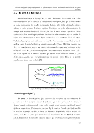 Técnicas de Inteligencia Artificial e Ingeniería del Software para un Sistema Inteligente de monitorización de Apneas
en Sueño

2.1. El estudio del sueño
La era moderna de la investigación del sueño comienza a mediados de 1950 con el
descubrimiento de que el sueño no es un fenómeno homogéneo, sino que el sueño fluctúa
de forma cíclica entre dos estados secuenciales distintos [26]. En la práctica, los clínicos
definen el sueño a través de ciertas medidas fisiológicas que están relacionadas con él.
Aunque estas medidas fisiológicas obtienen su valor a través de una correlación con el
sueño conductista, también proporcionan información sobre diferentes tipos o estados de
sueño, cuya identificación a través de la observación de la conducta no es tan obvia.
Tradicionalmente, han sido utilizadas tres medidas fundamentales para definir el sueño
desde el punto de vista fisiológico y sus diferentes estados (Figura 2.1). Estas medidas son:
(1) el electrooculograma, que recoge los movimientos oculares y convencionalmente recibe
el nombre de EOG; (2) el electromiograma, convencionalmente abreviado como EMG,
que es un registro de la actividad eléctrica que emana de los músculos activos, y (3) el
electroencefalograma, que convencionalmente se abrevia como EEG y se conoce
popularmente como ondas cerebrales [27].

Electroencefalograma
EEG = Ondas cerebrales

Electrooculograma
EO G = Movimientos oculares

Electromiograma
EM G = Tensión muscular

Figura 2.1. Principales medidas que definen el sueño fisiológico

Electrooculograma (EOG)
En 1848 Du Bois-Reymond [28] descubrió la existencia de una diferencia de
potencial entre la córnea y la retina en el ojo humano, y verificó que cuando la córnea del
ojo está cargada positivamente, la retina estaba cargada negativamente, permitiendo que el
ojo fuese caracterizado eléctricamente como un dipolo rotativo. Cuando este dipolo cambia
de posición, el campo eléctrico se altera. La diferencia de potencial entre la córnea y la
retina – el EOG – se utiliza para monitorizar los movimientos del ojo. El EOG se utiliza
para la detección de movimientos oculares rápidos que ocurren durante algunos intervalos
19

 