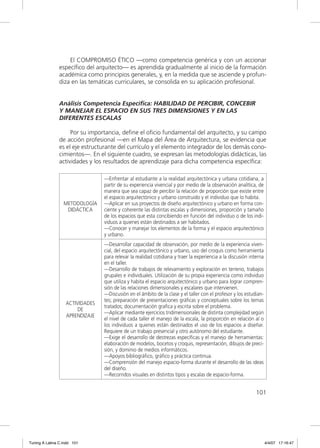 El COMPROMISO ÉTICO —como competencia genérica y con un accionar
               especíﬁco del arquitecto— es aprendida gradualmente al inicio de la formación
               académica como principios generales, y, en la medida que se asciende y profun-
               diza en las temáticas curriculares, se consolida en su aplicación profesional.


               Análisis Competencia Específica: HABILIDAD DE PERCIBIR, CONCEBIR
               Y MANEJAR EL ESPACIO EN SUS TRES DIMENSIONES Y EN LAS
               DIFERENTES ESCALAS

                    Por su importancia, deﬁne el oﬁcio fundamental del arquitecto, y su campo
               de acción profesional —en el Mapa del Área de Arquitectura, se evidencia que
               es el eje estructurante del currículo y el elemento integrador de los demás cono-
               cimientos—. En el siguiente cuadro, se expresan las metodologías didácticas, las
               actividades y los resultados de aprendizaje para dicha competencia especíﬁca:

                                 —Enfrentar al estudiante a la realidad arquitectónica y urbana cotidiana, a
                                 partir de su experiencia vivencial y por medio de la observación analítica, de
                                 manera que sea capaz de percibir la relación de proporción que existe entre
                                 el espacio arquitectónico y urbano construido y el individuo que lo habita.
                  METODOLOGÍA    —Aplicar en sus proyectos de diseño arquitectónico y urbano en forma con-
                   DIDÁCTICA     ciente y coherente las distintas escalas y dimensiones, proporción y tamaño
                                 de los espacios que esta concibiendo en función del individuo o de los indi-
                                 viduos a quienes están destinados a ser habitados.
                                 —Conocer y manejar los elementos de la forma y el espacio arquitectónico
                                 y urbano.
                                 —Desarrollar capacidad de observación, por medio de la experiencia viven-
                                 cial, del espacio arquitectónico y urbano, uso del croquis como herramienta
                                 para relevar la realidad cotidiana y traer la experiencia a la discusión interna
                                 en el taller.
                                 —Desarrollo de trabajos de relevamiento y exploración en terreno, trabajos
                                 grupales e individuales. Utilización de su propia experiencia como individuo
                                 que utiliza y habita el espacio arquitectónico y urbano para lograr compren-
                                 sión de las relaciones dimensionales y escalares que intervienen.
                                 —Discusión en el ámbito de la clase y el taller con el profesor y los estudian-
                                 tes; preparación de presentaciones gráﬁcas y conceptuales sobre los temas
                   ACTIVIDADES
                                 tratados; documentación graﬁca y escrita sobre el problema.
                        DE
                                 —Aplicar mediante ejercicios tridimensionales de distinta complejidad según
                   APRENDIZAJE
                                 el nivel de cada taller el manejo de la escala, la proporción en relación al o
                                 los individuos a quienes están destinados el uso de los espacios a diseñar.
                                 Requiere de un trabajo presencial y otro autónomo del estudiante.
                                 —Exige el desarrollo de destrezas especíﬁcas y el manejo de herramientas:
                                 elaboración de modelos, bocetos y croquis, representación, dibujos de preci-
                                 sión, y dominio de medios informáticos.
                                 —Apoyos bibliográﬁco, gráﬁco y práctica continua.
                                 —Comprensión del manejo espacio-forma durante el desarrollo de las ideas
                                 del diseño.
                                 —Recorridos visuales en distintos tipos y escalas de espacio-forma.


                                                                                                             101




Tuning A Latina C.indd 101                                                                                          4/4/07 17:16:47
 