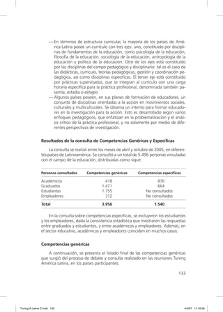— En términos de estructura curricular, la mayoría de los países de Amé-
                       rica Latina posee un currículo con tres ejes: uno, constituido por discipli-
                       nas de fundamentos de la educación, como psicología de la educación,
                       ﬁlosofía de la educación, sociología de la educación, antropología de la
                       educación y política de la educación. Otro de los ejes está constituido
                       por las disciplinas del campo pedagógico y disciplinario: tal es el caso de
                       las didácticas, currículo, teorías pedagógicas, gestión y coordinación pe-
                       dagógica, así como disciplinas especíﬁcas. El tercer eje está constituido
                       por prácticas supervisadas, que se integran al currículo con una carga
                       horaria especíﬁca para la práctica profesional, denominada también pa-
                       santía, estadía o estagio.
                     — Algunos países poseen, en sus planes de formación de educadores, un
                       conjunto de disciplinas orientadas a la acción en movimientos sociales,
                       culturales y multiculturales. Se observa un intento para formar educado-
                       res en la investigación para la acción. Esto es desarrollado según varios
                       enfoques pedagógicos, que enfatizan en la problematización y el análi-
                       sis crítico de la práctica profesional, y no solamente por medio de dife-
                       rentes perspectivas de investigación.


               Resultados de la consulta de Competencias Genéricas y Específicas

                    La consulta se realizó entre los meses de abril y octubre de 2005, en diferen-
               tes países de Latinoamérica. Se consultó a un total de 5.496 personas vinculadas
               con el campo de la educación, distribuidas como sigue:


               Personas consultadas       Competencias genéricas       Competencias especíﬁcas

               Académicos                            418                          876
               Graduados                           1.471                          664
               Estudiantes                         1.755                    No consultados
               Empleadores                           312                    No consultados

               Total                               3.956                         1.540

                    En la consulta sobre competencias especíﬁcas, se excluyeron los estudiantes
               y los empleadores, dada la consistencia estadística que mostraron las respuestas
               entre graduados y estudiantes, y entre académicos y empleadores. Además, en
               el sector educativo, académicos y empleadores coinciden en muchos casos.


               Competencias genéricas

                   A continuación, se presenta el listado ﬁnal de las competencias genéricas
               que surgió del proceso de debate y consulta realizado en las reuniones Tuning
               América Latina, en los países participantes:

                                                                                              133




Tuning A Latina C.indd 133                                                                        4/4/07 17:16:58
 