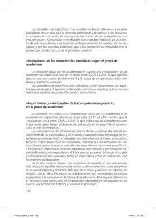 Las competencias especíﬁcas más importantes hacen referencia a aquellas
             habilidades requeridas para el ejercicio profesional y disciplinar, y de aplicación
             en el aula o la institución; las menos importantes se reﬁeren a aquéllas de pro-
             yección social o comunitaria y en relación con aspectos históricos y culturales.
             Se da más importancia a los aspectos profesionalizantes en relación con la dis-
             ciplina y con los aspectos didácticos, que a las competencias vinculadas con la
             proyección social y cultural de la profesión docente.


             «Realización» de las competencias específicas, según el grupo de
             académicos

                   La valoración dada por los académicos en cuanto a la «realización» de las
             competencias especíﬁcas está en un rango entre 3,205 y 2,244, lo que signiﬁca
             que, en una puntuación posible entre 1 y 4, todas las competencias están me-
             diana y altamente valoradas.
                   Las competencias especíﬁcas más realizadas a nivel universitario son aqué-
             llas requeridas para el ejercicio profesional y disciplinar, mientras que las menos
             realizadas, aquéllas de proyección social o comunitaria.


             «Importancia» y «realización» de las competencias específicas,
             en el grupo de académicos

                  La valoración en cuanto a la «importancia» dada por los académicos a las
             competencias especíﬁcas está en un rango entre 3,797 y 3,216, mientras que la
             «realización» está entre 3,205 y 2,244, lo que indica que las competencias son
             importantes, pero tienen problemas de realización en su desarrollo o consecu-
             ción, a nivel universitario.
                  Las competencias v02 (domina los saberes de las disciplinas del área de co-
             nocimiento de su especialidad) y v03 (diseña y operacionaliza estrategias de en-
             señanza-aprendizaje según contextos), son valoradas con la mayor puntuación,
             tanto en importancia como en realización, mientras que las competencias v06
             (identiﬁca y gestiona apoyos para atender necesidades educativas especíﬁcas),
             v13 (diseña e implementa acciones educativas que integren a personas con ne-
             cesidades educativas especiales) y v24 (conoce los procesos históricos de su país
             y Latinoamérica) son valoradas, tanto en importancia como en realización, con
             las menores puntuaciones.
                  En los dos mismos criterios, las competencias especíﬁcas con valoraciones
             más altas son aquéllas relacionadas con la profesionalización, pues se centran
             en el área disciplinar y didáctica, más que en lo social y cultural, en especial, en
             relación con la atención educativa a poblaciones con necesidades educativas
             especiales y a la comprensión histórica de lo educativo. Esto sugiere debilidades
             en las estructuras curriculares de los programas de formación de educadores, en
             cuanto a la proyección histórica y social de la profesión.

             140




Tuning A Latina C.indd 140                                                                          4/4/07 17:17:00
 