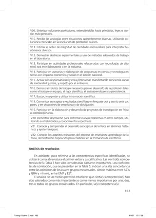 V09. Sintetizar soluciones particulares, extendiéndolas hacia principios, leyes o teo-
                 rías más generales.
                 V10. Percibir las analogías entre situaciones aparentemente diversas, utilizando so-
                 luciones conocidas en la resolución de problemas nuevos.
                 V11. Estimar el orden de magnitud de cantidades mensurables para interpretar fe-
                 nómenos diversos.
                 V12. Demostrar destrezas experimentales y uso de métodos adecuados de trabajo
                 en el laboratorio.
                 V13. Participar en actividades profesionales relacionadas con tecnologías de alto
                 nivel, sea en el laboratorio o en la industria.
                 V14. Participar en asesorías y elaboración de propuestas en ciencia y tecnología en
                 temas con impacto económico y social en el ámbito nacional.
                 V15. Actuar con responsabilidad y ética profesional, manifestando conciencia social
                 de solidaridad, justicia, y respeto por el ambiente.
                 V16. Demostrar hábitos de trabajo necesarios para el desarrollo de la profesión tales
                 como el trabajo en equipo, el rigor cientíﬁco, el autoaprendizaje y la persistencia.
                 V17. Buscar, interpretar y utilizar información cientíﬁca.
                 V18. Comunicar conceptos y resultados cientíﬁcos en lenguaje oral y escrito ante sus
                 pares, y en situaciones de enseñanza y de divulgación.
                 V19. Participar en la elaboración y desarrollo de proyectos de investigación en física
                 o interdisciplinarios.
                  V20. Demostrar disposición para enfrentar nuevos problemas en otros campos, uti-
                  lizando sus habilidades y conocimientos especíﬁcos.
                 V21. Conocer y comprender el desarrollo conceptual de la física en términos histó-
                 ricos y epistemológicos.
                  V22. Conocer los aspectos relevantes del proceso de enseñanza-aprendizaje de la
                  física, demostrando disposición para colaborar en la formación de cientíﬁcos.


               Análisis de resultados

                     En adelante, para referirse a las competencias especíﬁcas identiﬁcadas, se
               utilizará como abreviatura el primer verbo y su caliﬁcativo. Las veintidós compe-
               tencias de la Tabla 3 han sido consideradas bastante importantes. Los coeﬁcien-
               tes de correlación, que se presentan en la Tabla 5, indican una alta concordancia
               entre las opiniones de los cuatro grupos encuestados, siendo máxima entre ACA
               y GRA y mínima, entre EMP y EST.
                     El análisis de las medias permitió establecer que cierta(s) competencia(s) han
               sido valoradas como más importantes o como menos importantes por uno, dos,
               tres o todos los grupos encuestados. En particular, la(s) competencia(s):

                                                                                                   163




Tuning A Latina C.indd 163                                                                                4/4/07 17:17:06
 