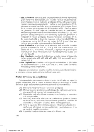 — Los Académicos piensan que las cinco competencias menos importantes
                     y con menor nivel de realización, son: «Realizar y evaluar estudios tecnoló-
                     gicos y/o geotécnicos de materiales geológicos» (V15), «Ubicar perforacio-
                     nes para investigación y explotación, y realizar su control geológico» (V18),
                     «Asesorar acerca del uso de los recursos naturales en la formulación de po-
                     líticas, normas, planes y programas de desarrollo» (V02), «Planiﬁcar, ejecu-
                     tar, gerenciar y ﬁscalizar proyectos y servicios enfocados al conocimiento,
                     explotación y utilización de recursos naturales no renovables» (V13) y «Pro-
                     porcionar bases para la planiﬁcación territorial y la previsión, prevención y
                     mitigación de riesgos geológicos, desastres naturales y antrópicos» (V14).
                     De todas ellas la V02 se desarrolla muy poco en la universidad (2,18), las
                     restantes por encima de 2,3 pero por debajo de 3,0, lo que indica que
                     deberán ser mejoradas en su desarrollo en la Universidad.
                   — Los Graduados, al igual que los Académicos, indican similar situación
                     para las competencias V15, V2, V14, y V18, que se encuentran por
                     debajo de 2,34, en cuanto a realización, y agregan «Capacidad para
                     interactuar en áreas interdisciplinarias y transdisciplinarias» (V03), con
                     un valor de 2,36.
                   — Los Estudiantes igualmente indican que se debe mejorar el desarrollo
                     de las competencias V02, V15, V14, V03, V18 y V13, las que caliﬁcan por
                     debajo de 2,5.
                   — Los Empleadores coinciden con los grupos anteriores en la valoración
                     de las competencias V15, V14, V02 y V18, V13 y V03 como las menos
                     realizadas y menos importantes.
                 Se puede generalizar que todas las variables mencionadas deberán mejorar-
             se en mayor o menor grado, como se indica en cada caso.

             Análisis del ranking de competencias
                 Considerando las competencias más importantes identiﬁcadas por todos los
             grupos encuestados, más el criterio académico del grupo de trabajo, se puede
             deﬁnir un grupo de competencias mínimas comunes (currículo troncal):
                   V10 Elaborar e interpretar mapas y secciones geológicas.
                   V09 Efectuar estudios geológicos para la búsqueda, explotación, conserva-
                       ción y gestión de recursos hídricos y energéticos.
                   V16 Rigurosidad en la selección de muestras, toma de datos, su tratamien-
                       to e interpretación.
                   V08 Describir y analizar las relaciones de los elementos que están presen-
                       tes en las rocas y en sus estructuras internas y externas, con el ﬁn de
                       interpretar la evolución y secuencia de los eventos geológicos.
                   V17 Tener la capacidad de recolectar, procesar e interpretar datos de diver-
                       sas fuentes, a través de técnicas cualitativas y cuantitativas, con el ﬁn
                       de construir modelos geológicos.
                   V04 Capacidad de observación y comprensión del entorno.

             192




Tuning A Latina C.indd 192                                                                           4/4/07 17:17:15
 