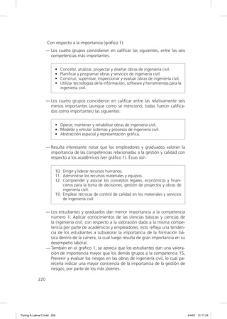Con respecto a la importancia (gráﬁco 1):
                   — Los cuatro grupos coincidieron en caliﬁcar las siguientes, entre las seis
                     competencias más importantes:


                         •   Concebir, analizar, proyectar y diseñar obras de ingeniería civil.
                         •   Planiﬁcar y programar obras y servicios de ingeniería civil.
                         •   Construir, supervisar, inspeccionar y evaluar obras de ingeniería civil.
                         •   Utilizar tecnologías de la información, software y herramientas para la
                             ingeniería civil.


                   — Los cuatro grupos coincidieron en caliﬁcar entre las relativamente seis
                     menos importantes (aunque como se mencionó, todas fueron caliﬁca-
                     das como importantes) las siguientes:


                         • Operar, mantener y rehabilitar obras de ingeniería civil.
                         • Modelar y simular sistemas y procesos de ingeniería civil.
                         • Abstracción espacial y representación gráﬁca.


                   — Resulta interesante notar que los empleadores y graduados valoran la
                     importancia de las competencias relacionadas a la gestión y calidad con
                     respecto a los académicos (ver gráﬁco 1). Éstas son:


                         10. Dirigir y liderar recursos humanos.
                         11. Administrar los recursos materiales y equipos.
                         12. Comprender y asociar los conceptos legales, económicos y ﬁnan-
                             cieros para la toma de decisiones, gestión de proyectos y obras de
                             ingeniería civil.
                         19. Emplear técnicas de control de calidad en los materiales y servicios
                             de ingeniería civil.


                   — Los estudiantes y graduados dan menor importancia a la competencia
                     número 1, Aplicar conocimientos de las ciencias básicas y ciencias de
                     la ingeniería civil, con respecto a la valoración dada a la misma compe-
                     tencia por parte de académicos y empleadores; esto reﬂeja una tenden-
                     cia de los estudiantes a subvalorar la importancia de la formación bá-
                     sica dentro de la carrera, la cual luego resulta de gran importancia en su
                     desempeño laboral.
                   — También en el gráﬁco 1, se aprecia que los estudiantes dan una valora-
                     ción de importancia mayor que los demás grupos a la competencia 15,
                     Prevenir y evaluar los riesgos en las obras de ingeniería civil, lo cual pa-
                     recería indicar una mayor conciencia de la importancia de la gestión de
                     riesgos, por parte de los más jóvenes.

             220




Tuning A Latina C.indd 220                                                                              4/4/07 17:17:24
 