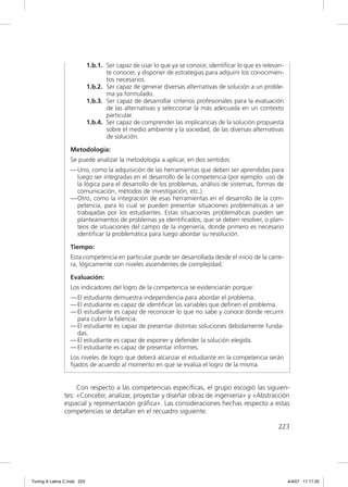 1.b.1. Ser capaz de usar lo que ya se conoce; identiﬁcar lo que es relevan-
                                    te conocer, y disponer de estrategias para adquirir los conocimien-
                                    tos necesarios.
                             1.b.2. Ser capaz de generar diversas alternativas de solución a un proble-
                                    ma ya formulado.
                             1.b.3. Ser capaz de desarrollar criterios profesionales para la evaluación
                                    de las alternativas y seleccionar la más adecuada en un contexto
                                    particular.
                             1.b.4. Ser capaz de comprender las implicancias de la solución propuesta
                                    sobre el medio ambiente y la sociedad, de las diversas alternativas
                                    de solución.

                  Metodología:
                  Se puede analizar la metodología a aplicar, en dos sentidos:
                  — Uno, como la adquisición de las herramientas que deben ser aprendidas para
                    luego ser integradas en el desarrollo de la competencia (por ejemplo: uso de
                    la lógica para el desarrollo de los problemas, análisis de sistemas, formas de
                    comunicación, métodos de investigación, etc.).
                  — Otro, como la integración de esas herramientas en el desarrollo de la com-
                    petencia, para lo cual se pueden presentar situaciones problemáticas a ser
                    trabajadas por los estudiantes. Estas situaciones problemáticas pueden ser
                    planteamientos de problemas ya identiﬁcados, que se deben resolver, o plan-
                    teos de situaciones del campo de la ingeniería, donde primero es necesario
                    identiﬁcar la problemática para luego abordar su resolución.

                  Tiempo:
                  Esta competencia en particular puede ser desarrollada desde el inicio de la carre-
                  ra, lógicamente con niveles ascendentes de complejidad.

                  Evaluación:
                  Los indicadores del logro de la competencia se evidenciarán porque:
                  — El estudiante demuestra independencia para abordar el problema.
                  — El estudiante es capaz de identiﬁcar las variables que deﬁnen el problema.
                  — El estudiante es capaz de reconocer lo que no sabe y conoce donde recurrir
                    para cubrir la falencia.
                  — El estudiante es capaz de presentar distintas soluciones debidamente funda-
                    das.
                  — El estudiante es capaz de exponer y defender la solución elegida.
                  — El estudiante es capaz de presentar informes.
                  Los niveles de logro que deberá alcanzar el estudiante en la competencia serán
                  ﬁjados de acuerdo al momento en que se evalúa el logro de la misma.


                    Con respecto a las competencias especíﬁcas, el grupo escogió las siguien-
               tes: «Concebir, analizar, proyectar y diseñar obras de ingeniería» y «Abstracción
               espacial y representación gráﬁca». Las consideraciones hechas respecto a estas
               competencias se detallan en el recuadro siguiente.

                                                                                                     223




Tuning A Latina C.indd 223                                                                                 4/4/07 17:17:25
 