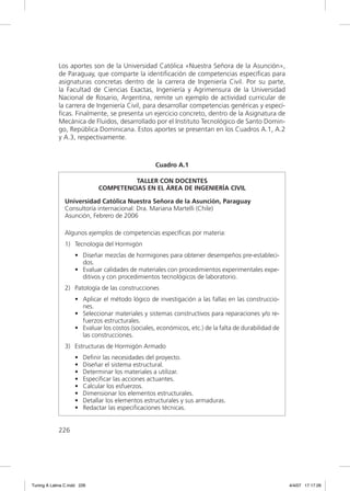 Los aportes son de la Universidad Católica «Nuestra Señora de la Asunción»,
             de Paraguay, que comparte la identiﬁcación de competencias especíﬁcas para
             asignaturas concretas dentro de la carrera de Ingeniería Civil. Por su parte,
             la Facultad de Ciencias Exactas, Ingeniería y Agrimensura de la Universidad
             Nacional de Rosario, Argentina, remite un ejemplo de actividad curricular de
             la carrera de Ingeniería Civil, para desarrollar competencias genéricas y especí-
             ﬁcas. Finalmente, se presenta un ejercicio concreto, dentro de la Asignatura de
             Mecánica de Fluidos, desarrollado por el Instituto Tecnológico de Santo Domin-
             go, República Dominicana. Estos aportes se presentan en los Cuadros A.1, A.2
             y A.3, respectivamente.



                                                   Cuadro A.1

                                      TALLER CON DOCENTES
                             COMPETENCIAS EN EL ÁREA DE INGENIERÍA CIVIL

                Universidad Católica Nuestra Señora de la Asunción, Paraguay
                Consultoría internacional: Dra. Mariana Martelli (Chile)
                Asunción, Febrero de 2006

                Algunos ejemplos de competencias especíﬁcas por materia:
                1) Tecnología del Hormigón
                    • Diseñar mezclas de hormigones para obtener desempeños pre-estableci-
                      dos.
                    • Evaluar calidades de materiales con procedimientos experimentales expe-
                      ditivos y con procedimientos tecnológicos de laboratorio.
                2) Patología de las construcciones
                    • Aplicar el método lógico de investigación a las fallas en las construccio-
                      nes.
                    • Seleccionar materiales y sistemas constructivos para reparaciones y/o re-
                      fuerzos estructurales.
                    • Evaluar los costos (sociales, económicos, etc.) de la falta de durabilidad de
                      las construcciones.
                3) Estructuras de Hormigón Armado
                    •   Deﬁnir las necesidades del proyecto.
                    •   Diseñar el sistema estructural.
                    •   Determinar los materiales a utilizar.
                    •   Especiﬁcar las acciones actuantes.
                    •   Calcular los esfuerzos.
                    •   Dimensionar los elementos estructurales.
                    •   Detallar los elementos estructurales y sus armaduras.
                    •   Redactar las especiﬁcaciones técnicas.


             226




Tuning A Latina C.indd 226                                                                            4/4/07 17:17:26
 