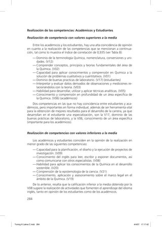 Realización de las competencias: Académicos y Estudiantes

             Realización de competencia con valores superiores a la media

                 Entre los académicos y los estudiantes, hay una alta coincidencia de opinión
             en cuanto a la realización de las competencias que se mencionan a continua-
             ción, tal como lo muestra el índice de correlación de 0,935 (ver Tabla 8):
                   — Dominio de la terminología Química, nomenclatura, conversiones y uni-
                     dades. (V12)
                   — Comprender conceptos, principios y teorías fundamentales del área de
                     la Química. (V02)
                   — Capacidad para aplicar conocimientos y comprensión en Química a la
                     solución de problemas cualitativos y cuantitativos. (V01)
                   — Dominio de buenas practicas de laboratorio. (V17) (estudiantes)
                   — Interpretar y evaluar datos derivados de observaciones y mediciones re-
                     lacionándolos con la teoría. (V03)
                   — Habilidad para desarrollar, utilizar y aplicar técnicas analíticas. (V05)
                   — Conocimiento y comprensión en profundidad de un área especiﬁca de
                     la Química. (V06) (académicos)
                 Dos competencias en las que no hay coincidencia entre estudiantes y aca-
             démicos, pero importantes en forma individual, además de ser herramienta vital
             para la obtención de mejores resultados para el desarrollo de la carrera, ya que
             desarrollan en el estudiante una especialización, son la V17, dominio de las
             buenas prácticas de laboratorio, y la V06, conocimiento de un área especiﬁca
             (importante para los académicos).


             Realización de competencias con valores inferiores a la media

                Los académicos y estudiantes coinciden en la opinión de la realización en
             menor grado de las siguientes competencias:
                   — Capacidad para la planiﬁcación, el diseño y la ejecución de proyectos de
                     investigación. (V09)
                   — Conocimiento del inglés para leer, escribir y exponer documentos, así
                     como comunicarse con otros especialistas. (V08)
                   — Habilidad para aplicar los conocimientos de la Química en el desarrollo
                     sostenible. (V20)
                   — Comprensión de la epistemología de la ciencia. (V21)
                   — Conocimiento, aplicación y asesoramiento sobre el marco legal en el
                     ámbito de la Química. (V19)
                 De lo anterior, resalta que la caliﬁcación inferior a la media obtenida por la
             V08 sugiere la realización de actividades que fomenten el aprendizaje del idioma
             inglés, tanto en opinión de los estudiantes como de los académicos.

             284




Tuning A Latina C.indd 284                                                                        4/4/07 17:17:42
 