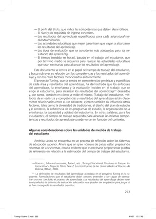 — El perﬁl del título, que indica las competencias que deben desarrollarse.
                     — El nivel y los requisitos de ingreso existentes.
                     — Los resultados del aprendizaje especiﬁcados para cada asignatura/mó-
                       dulo/tramo/curso.
                     — Las actividades educativas que mejor garanticen que vayan a alcanzarse
                       los resultados del aprendizaje.
                     — Los tipos de evaluación que se consideren más adecuados para los re-
                       sultados del aprendizaje.
                     — El tiempo (medido en horas), basado en el trabajo del estudiante, que
                       por término medio se requerirá para realizar las actividades educativas
                       que sean necesarias para alcanzar los resultados del aprendizaje.
                    Este documento se centra en el papel del tiempo de trabajo del estudiante,
               y busca subrayar su relación con las competencias y los resultados del aprendi-
               zaje y con los otros factores mencionados anteriormente.
                    El proyecto Tuning, que se centra en competencias genéricas y especíﬁcas
               de cada área y resultados del aprendizaje, ha demostrado que los enfoques
               del aprendizaje, la enseñanza y la evaluación inciden en el trabajo que se
               exige al estudiante, para alcanzar los resultados del aprendizaje41 deseados
               y, por tanto, también en cómo se mide el mismo. Trabajo del estudiante, mé-
               todos de enseñanza y competencias y resultados del aprendizaje están clara-
               mente relacionados entre sí. No obstante, ejercen también su inﬂuencia otros
               factores, tales como la diversidad de tradiciones, el diseño del plan de estudio
               y el contexto, la coherencia de los programas de estudio, la organización de la
               enseñanza, la capacidad y actitud del estudiante. En otras palabras, para los
               estudiantes, el tiempo de trabajo requerido para alcanzar las mismas compe-
               tencias y resultados de aprendizaje puede variar en función del contexto.


               Algunas consideraciones sobre las unidades de medida de trabajo
               del estudiante

                   América Latina se encuentra en un proceso de reﬂexión sobre los sistemas
               de educación superior. Ahora que un gran número de países están preparando
               reformas de sus sistemas, resulta evidente que es necesario proporcionar puntos
               de referencia en relación a la estimación del tiempo de trabajo del estudiante.


                   — GONZÁLEZ, Julia and WAGENAAR, Robert, eds., Tuning Educational Structures in Europe. In-
                     forme Final - Proyecto Piloto Fase 2, La contribución de las Universidades al Proceso de
                     Bolonia, Bilbao, 2006.
                   41 La definición de resultados del aprendizaje acordada en el proyecto Tuning es la si-

               guiente: Formulaciones que el estudiante debe conocer, entender o ser capaz de demos-
               trar una vez concluido el proceso de aprendizaje. Los resultados del aprendizaje deben estar
               acompañados de criterios de evaluación adecuados que pueden ser empleados para juzgar si
               se han conseguido los resultados previstos.

                                                                                                        293




Tuning A Latina C.indd 293                                                                                  4/4/07 17:17:45
 