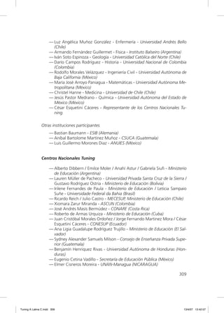 — Luz Angélica Muñoz González - Enfermería - Universidad Andrés Bello
                       (Chile)
                     — Armando Fernández Guillermet - Física - Instituto Balseiro (Argentina)
                     — Iván Soto Espinoza - Geología - Universidad Católica del Norte (Chile)
                     — Darío Campos Rodríguez - Historia - Universidad Nacional de Colombia
                       (Colombia)
                     — Rodolfo Morales Velázquez - Ingeniería Civil - Universidad Autónoma de
                       Baja California (México)
                     — María José Arroyo Paniagua - Matemáticas - Universidad Autónoma Me-
                       tropolitana (México)
                     — Christel Hanne - Medicina - Universidad de Chile (Chile)
                     — Jesús Pastor Medrano - Química - Universidad Autónoma del Estado de
                       México (México)
                     — César Esquetini Cáceres - Representante de los Centros Nacionales Tu-
                       ning.

               Otras instituciones participantes
                     — Bastian Baumann - ESIB (Alemania)
                     — Aníbal Bartolome Martínez Muñoz - CSUCA (Guatemala)
                     — Luis Guillermo Morones Diaz - ANUIES (México)


               Centros Nacionales Tuning

                     — Alberto Dibbern / Emilce Moler / Anahí Astur / Gabriela Siuﬁ - Ministerio
                       de Educación (Argentina)
                     — Lauren Müller de Pacheco - Universidad Privada Santa Cruz de la Sierra /
                       Gustavo Rodríguez Ostria - Ministerio de Educación (Bolivia)
                     — Irilene Fernandes de Paula - Ministerio de Educación / Leticia Sampaio
                       Suñe - Universidade Federal da Bahia (Brasil)
                     — Ricardo Reich / Julio Castro - MECESUP, Ministerio de Educación (Chile)
                     — Xiomara Zarur Miranda - ASCUN (Colombia)
                     — José Andrés Masís Bermúdez - CONARE (Costa Rica)
                     — Roberto de Armas Urquiza - Ministerio de Educación (Cuba)
                     — Juan Cristóbal Morales Ordoñez / Jorge Fernando Martinez Mora / César
                       Esquetini Cáceres - CONESUP (Ecuador)
                     — Ana Ligia Guadalupe Rodríguez Trujillo - Ministerio de Educación (El Sal-
                       vador)
                     — Sydney Alexander Samuels Milson - Consejo de Enseñanza Privada Supe-
                       rior (Guatemala)
                     — Benjamín Henriquez Rivas - Universidad Autónoma de Honduras (Hon-
                       duras)
                     — Eugenio Cetina Vadillo - Secretaría de Educación Pública (México)
                     — Elmer Cisneros Moreira - UNAN-Managua (NICARAGUA)

                                                                                            309




Tuning A Latina C.indd 309                                                                    13/4/07 13:42:07
 