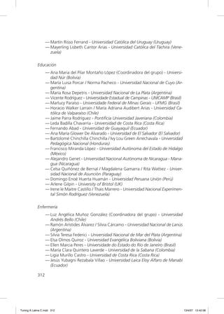 — Martín Risso Ferrand - Universidad Católica del Uruguay (Uruguay)
                   — Mayerling Lisbeth Cantor Arias - Universidad Católica del Táchira (Vene-
                     zuela)

             Educación
                   — Ana Maria del Pilar Montaño López (Coordinadora del grupo) - Universi-
                     dad Núr (Bolivia)
                   — María Luisa Porcar / Norma Pacheco - Universidad Nacional de Cuyo (Ar-
                     gentina)
                   — María Rosa Depetris - Universidad Nacional de La Plata (Argentina)
                   — Vicente Rodríguez - Universidade Estadual de Campinas - UNICAMP (Brasil)
                   — Marlucy Paraíso - Universidade Federal de Minas Gerais - UFMG (Brasil)
                   — Horacio Walker Larraín / María Adriana Audibert Arias - Universidad Ca-
                     tólica de Valparaíso (Chile)
                   — Jaime Parra Rodríguez - Pontiﬁcia Universidad Javeriana (Colombia)
                   — Leda Badilla Chavarría - Universidad de Costa Rica (Costa Rica)
                   — Fernando Abad - Universidad de Guayaquil (Ecuador)
                   — Ana María Glower De Alvarado - Universidad de El Salvador (El Salvador)
                   — Bartolomé Chinchilla Chinchilla / Ivy Lou Green Arrechavala - Universidad
                     Pedagógica Nacional (Honduras)
                   — Francisco Miranda López - Universidad Autónoma del Estado de Hidalgo
                     (México)
                   — Alejandro Genet - Universidad Nacional Autónoma de Nicaragua - Mana-
                     gua (Nicaragua)
                   — Celsa Quiñónez de Bernal / Magdalena Gamarra / Rita Wattiez - Univer-
                     sidad Nacional de Asunción (Paraguay)
                   — Domingo Enoé Huerta Huamán - Universidad Peruana Unión (Perú)
                   — Arlene Gilpin - University of Bristol (UK)
                   — Irene le Maitre Castillo / Thais Marrero - Universidad Nacional Experimen-
                     tal Simón Rodríguez (Venezuela)

             Enfermería
                   — Luz Angélica Muñoz González (Coordinadora del grupo) - Universidad
                     Andrés Bello (Chile)
                   — Ramón Arístides Álvarez / Silvia Cárcamo - Universidad Nacional de Lanús
                     (Argentina)
                   — Silvia Teresa Federici - Universidad Nacional de Mar del Plata (Argentina)
                   — Elsa Olmos Quiroz - Universidad Evangélica Boliviana (Bolivia)
                   — Ellen Marcia Peres - Universidade do Estado do Rio de Janeiro (Brasil)
                   — María Clara Quintero Laverde - Universidad de la Sabana (Colombia)
                   — Ligia Murillo Castro - Universidad de Costa Rica (Costa Rica)
                   — Jesús Yubagni Rezabala Villao - Universidad Laica Eloy Alfaro de Manabí
                     (Ecuador)

             312




Tuning A Latina C.indd 312                                                                        13/4/07 13:42:08
 
