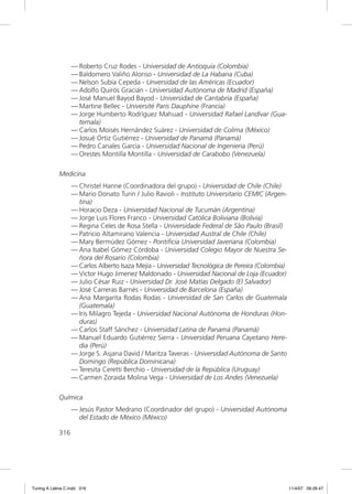 — Roberto Cruz Rodes - Universidad de Antíoquia (Colombia)
                   — Baldomero Valiño Alonso - Universidad de La Habana (Cuba)
                   — Nelson Subía Cepeda - Unversidad de las Américas (Ecuador)
                   — Adolfo Quirós Gracián - Universidad Autónoma de Madrid (España)
                   — José Manuel Bayod Bayod - Universidad de Cantabria (España)
                   — Martine Bellec - Université Paris Dauphine (Francia)
                   — Jorge Humberto Rodríguez Mahuad - Universidad Rafael Landívar (Gua-
                     temala)
                   — Carlos Moisés Hernández Suárez - Universidad de Colima (México)
                   — Josué Ortiz Gutiérrez - Universidad de Panamá (Panamá)
                   — Pedro Canales García - Universidad Nacional de Ingeniería (Perú)
                   — Orestes Montilla Montilla - Universidad de Carabobo (Venezuela)

             Medicina
                   — Christel Hanne (Coordinadora del grupo) - Universidad de Chile (Chile)
                   — Mario Donato Turin / Julio Ravioli - Instituto Universitario CEMIC (Argen-
                     tina)
                   — Horacio Deza - Universidad Nacional de Tucumán (Argentina)
                   — Jorge Luis Flores Franco - Universidad Católica Boliviana (Bolivia)
                   — Regina Celes de Rosa Stella - Universidade Federal de Sâo Paulo (Brasil)
                   — Patricio Altamirano Valencia - Universidad Austral de Chile (Chile)
                   — Mary Bermúdez Gómez - Pontiﬁcia Universidad Javeriana (Colombia)
                   — Ana Isabel Gómez Córdoba - Universidad Colegio Mayor de Nuestra Se-
                     ñora del Rosario (Colombia)
                   — Carlos Alberto Isaza Mejía - Universidad Tecnológica de Pereira (Colombia)
                   — Victor Hugo Jimenez Maldonado - Universidad Nacional de Loja (Ecuador)
                   — Julio César Ruiz - Universidad Dr. José Matías Delgado (El Salvador)
                   — José Carreras Barnés - Universidad de Barcelona (España)
                   — Ana Margarita Rodas Rodas - Universidad de San Carlos de Guatemala
                     (Guatemala)
                   — Iris Milagro Tejeda - Universidad Nacional Autónoma de Honduras (Hon-
                     duras)
                   — Carlos Staff Sánchez - Universidad Latina de Panamá (Panamá)
                   — Manuel Eduardo Gutiérrez Sierra - Universidad Peruana Cayetano Here-
                     dia (Perú)
                   — Jorge S. Asjana David / Maritza Taveras - Universidad Autónoma de Santo
                     Domingo (República Dominicana)
                   — Teresita Ceretti Berchio - Universidad de la República (Uruguay)
                   — Carmen Zoraida Molina Vega - Universidad de Los Andes (Venezuela)

             Química
                   — Jesús Pastor Medrano (Coordinador del grupo) - Universidad Autónoma
                     del Estado de México (México)

             316




Tuning A Latina C.indd 316                                                                        11/4/07 09:26:47
 